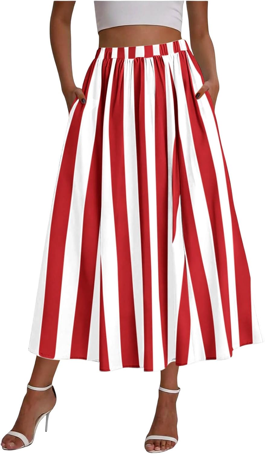 Women's Boho Maxi Skirt with Pockets High Waisted Elastic Striped Flowy A-Line Long Skirts Color Block Casual Skirts