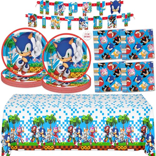 Sonic Birthday Party Decorations for 16 | Banner Tablecloth Sonic Plates and Napkins Sticker | Sonic Party Decorations | Officially Licensed