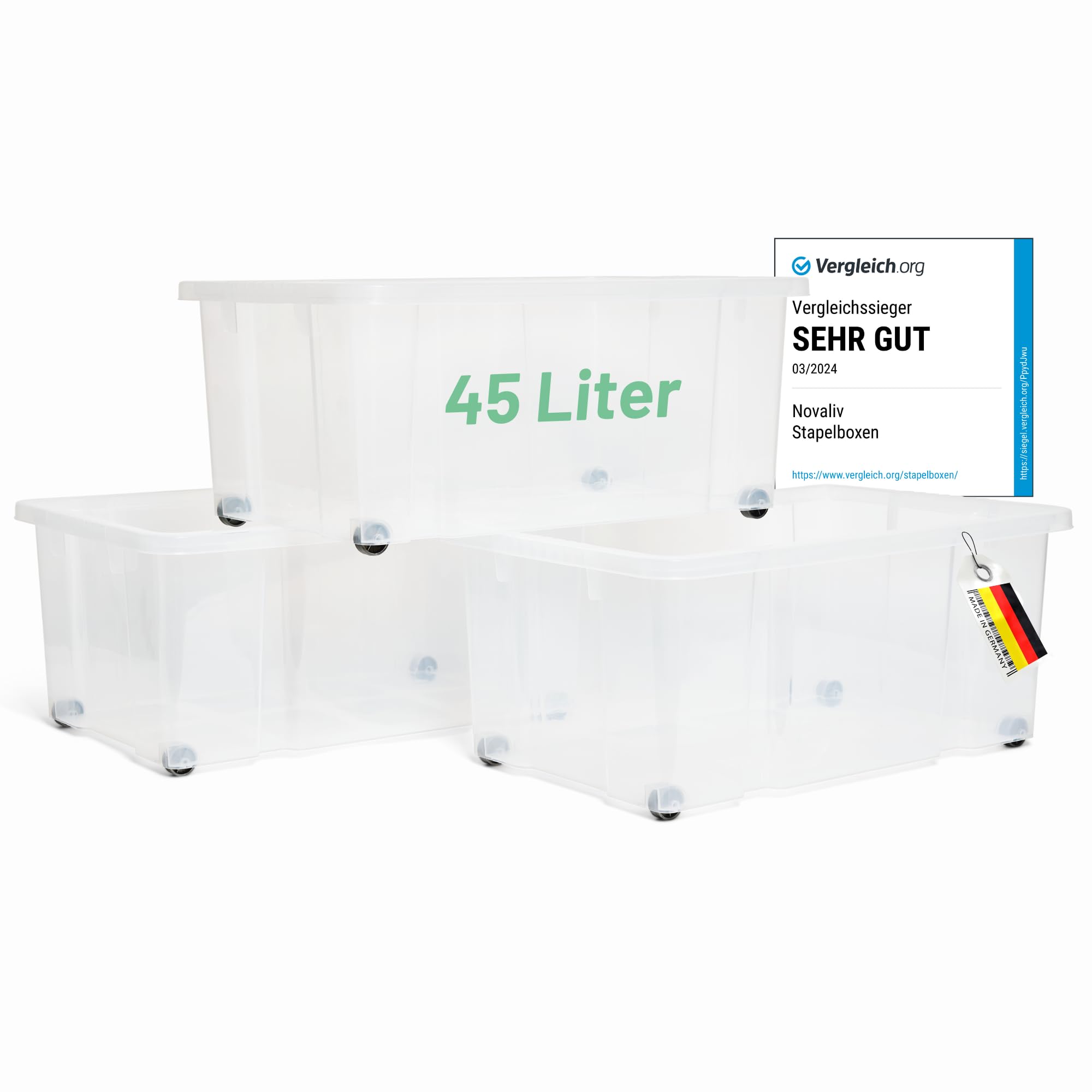 Novaliv 3x Aufbewahrungsboxen ohne Deckel Groß 45L transparente Nestbar stapelbar Rollboxen Kunststoff BPA-frei 59x39x25 cm