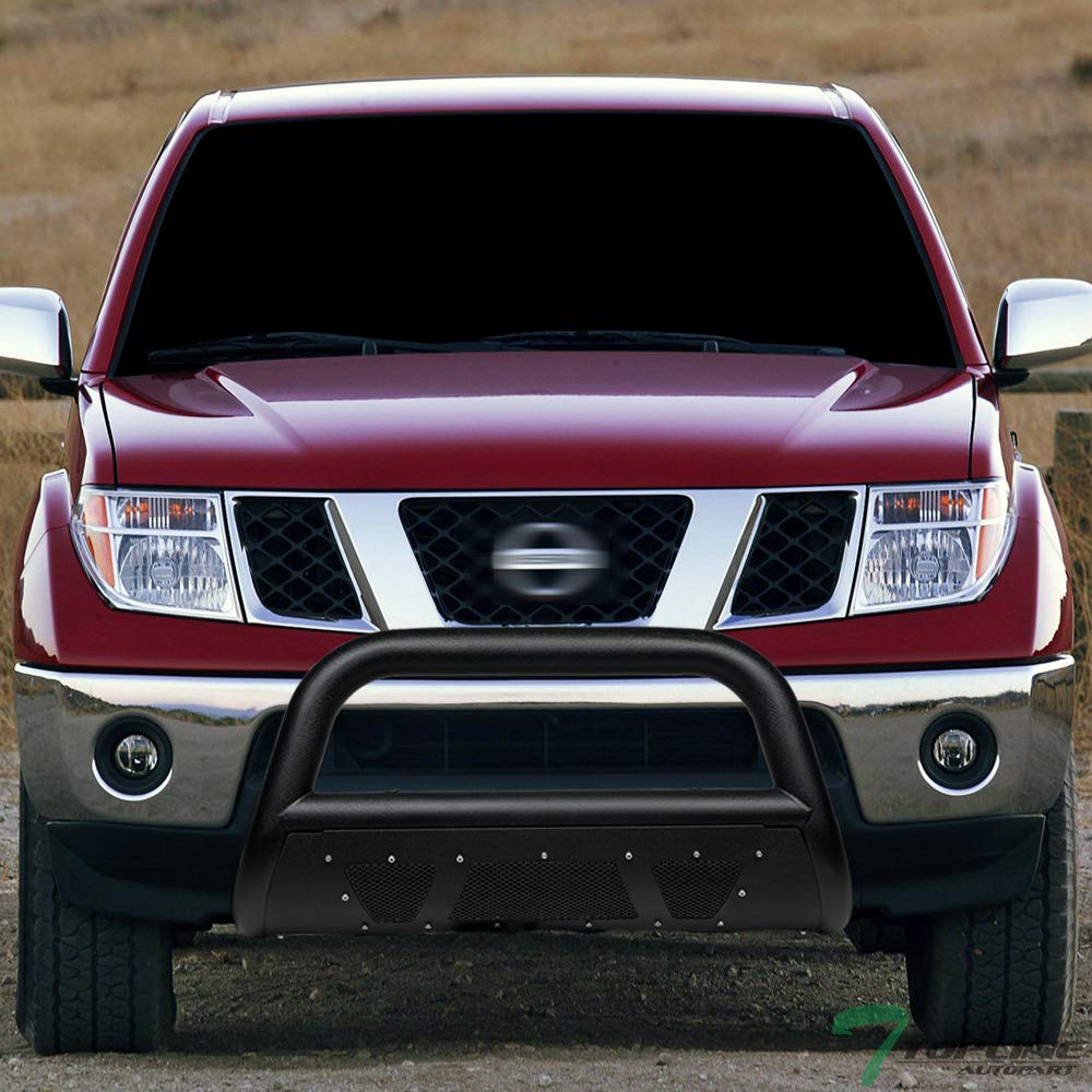 Textured Black Studded Mesh Bull Bar Brush Push Front Bumper Grill Grille Guard with Skid Plate Compatible with 05-21 Frontier / 05-07 Pathfinder / 05-15 Xterra