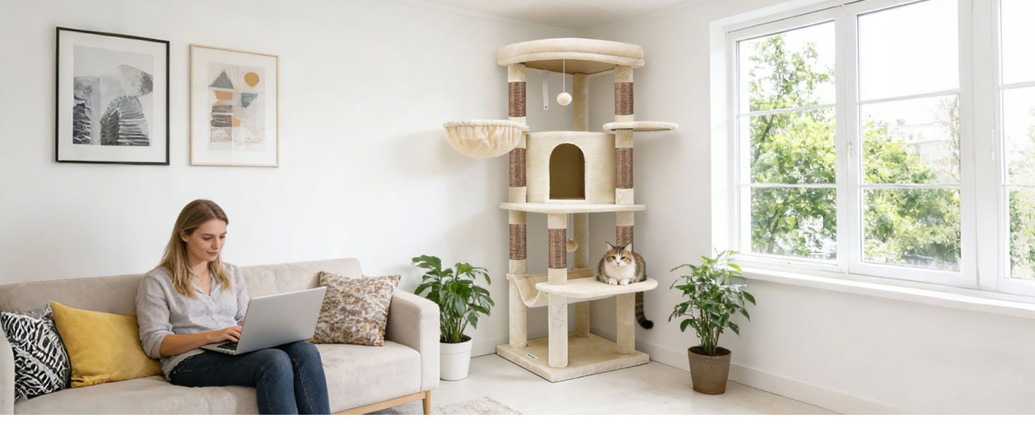 Stabiele Krabpaal, 164 Cm Met Kattenbak, Sisal Omwikkelde Krabplekken, Mand En Grotklimboom Voor Katten Beige