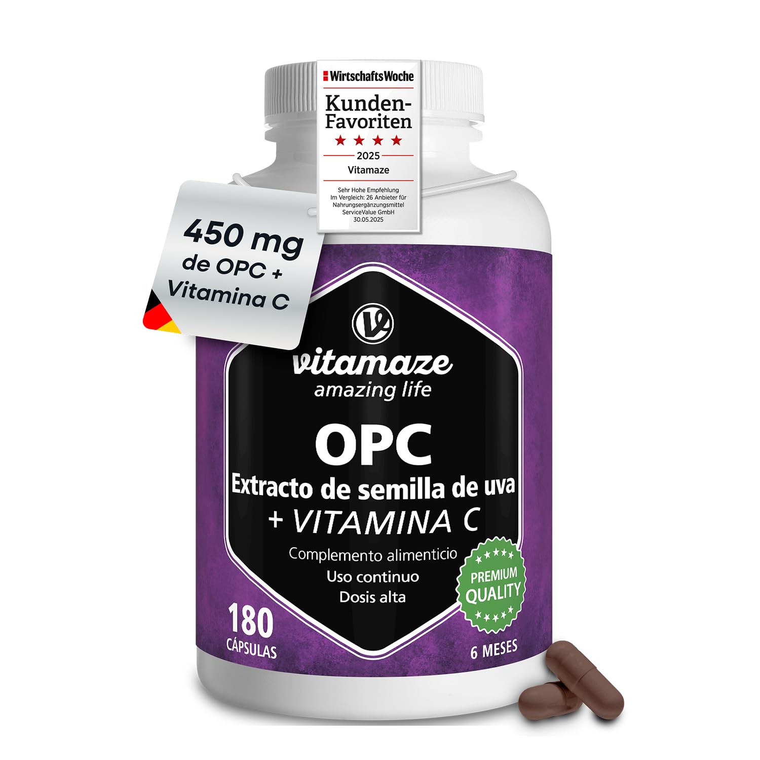OPC Extracto de Semilla de Uva + Vitamina C, 450 mg Certificados OPC + 100 mg Vitamina C, 180 Cápsulas para 6 Meses, Suplemento Alimenticio Natural sin Aditivos, Made in Germany