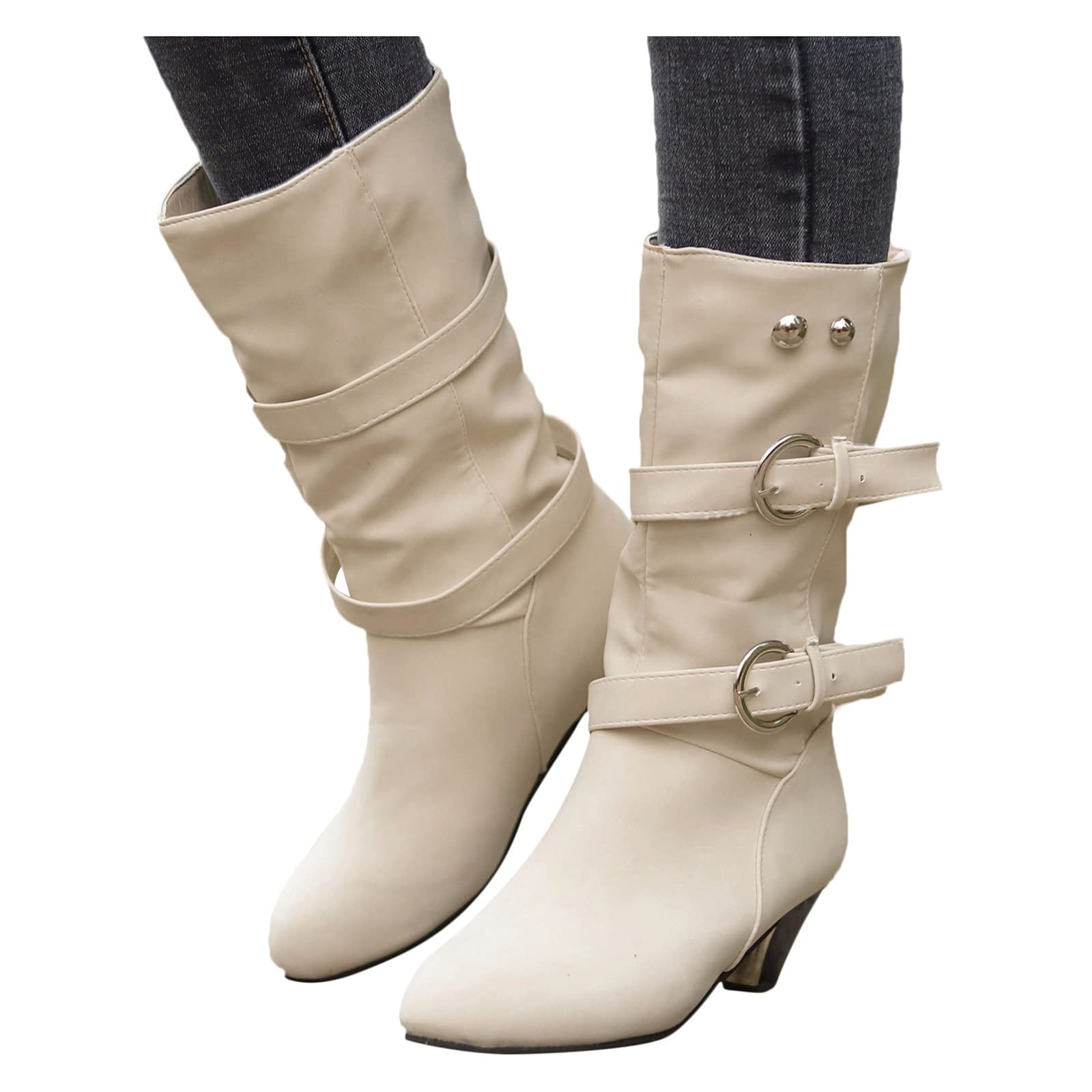 FGUUTYM Stivali da donna invernali da donna, stivaletti corti, semi-lunghi, antiscivolo, termici invernali con tacco in pelle, da donna, beige., 37 EU