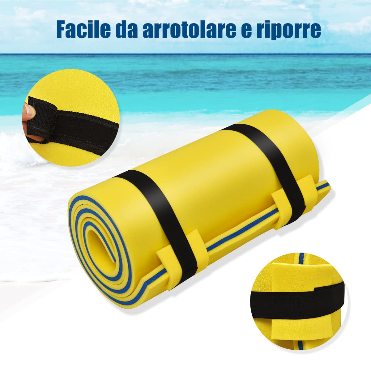 COSTWAY Tappeto Galleggiante per Mare e Piscina Arrotolabile, Materassino Galleggiante in Schiuma con Poggiatesta e Corda, Galleggiante Piscina Resistente