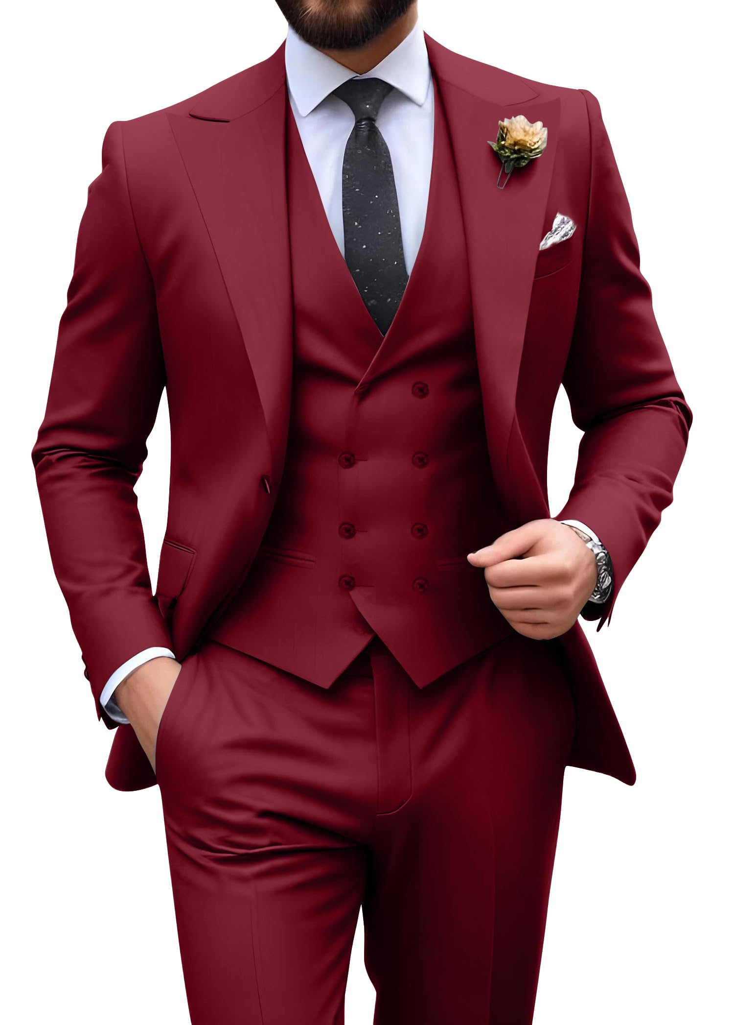 Mens Suit Slim Fit 3 Piece Double Breasted Suit Men Formal Tuxedo Set Casual Wedding Prom Groom Suits, Burgundy, 3XL