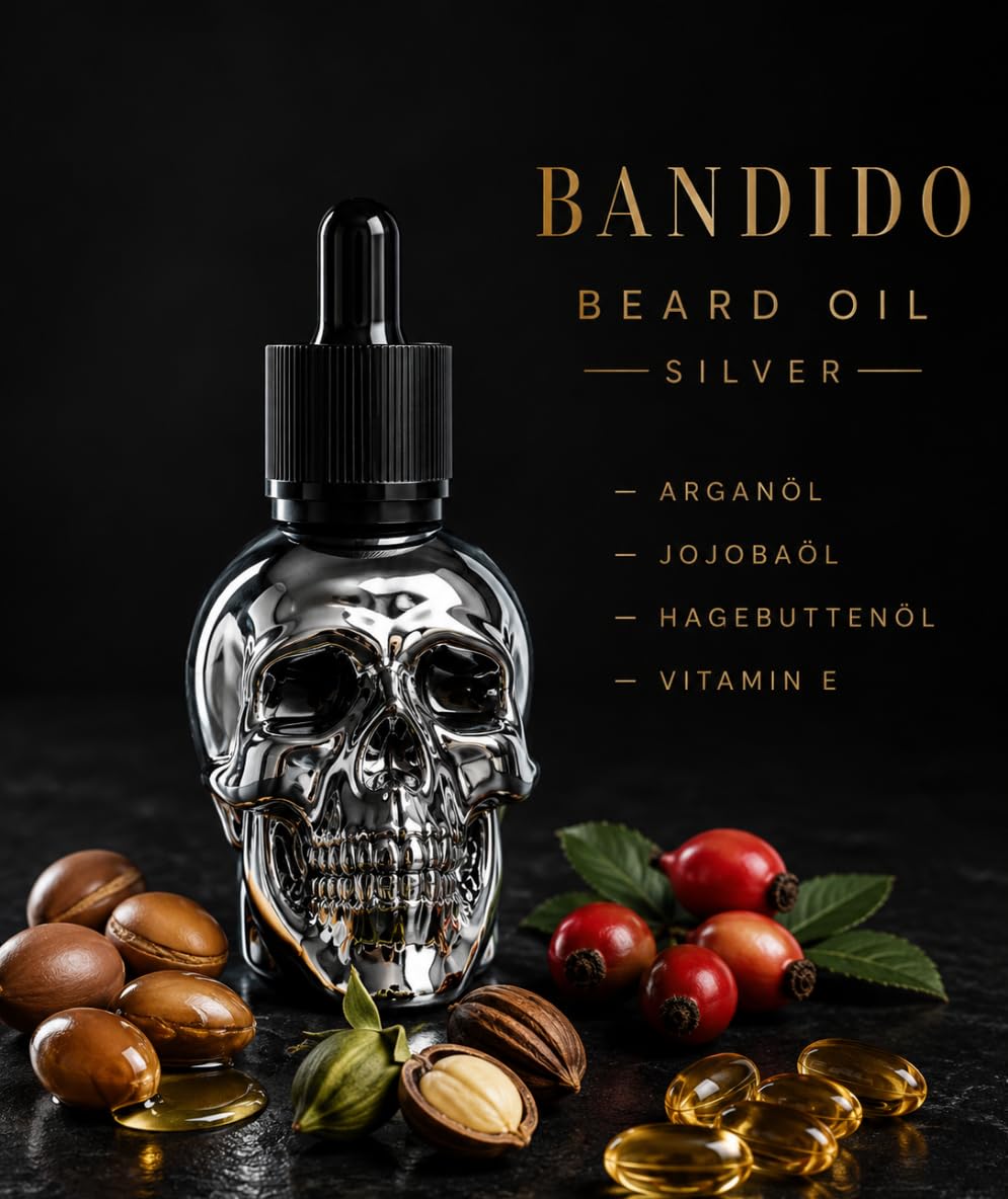 Bandido Aceite para barba para el cuidado diario de la barba de 3 días o barba completa, aceite de barba como regalo para hombres, 40 ml con dispensador de pipeta, diseño de calavera, sérum para
