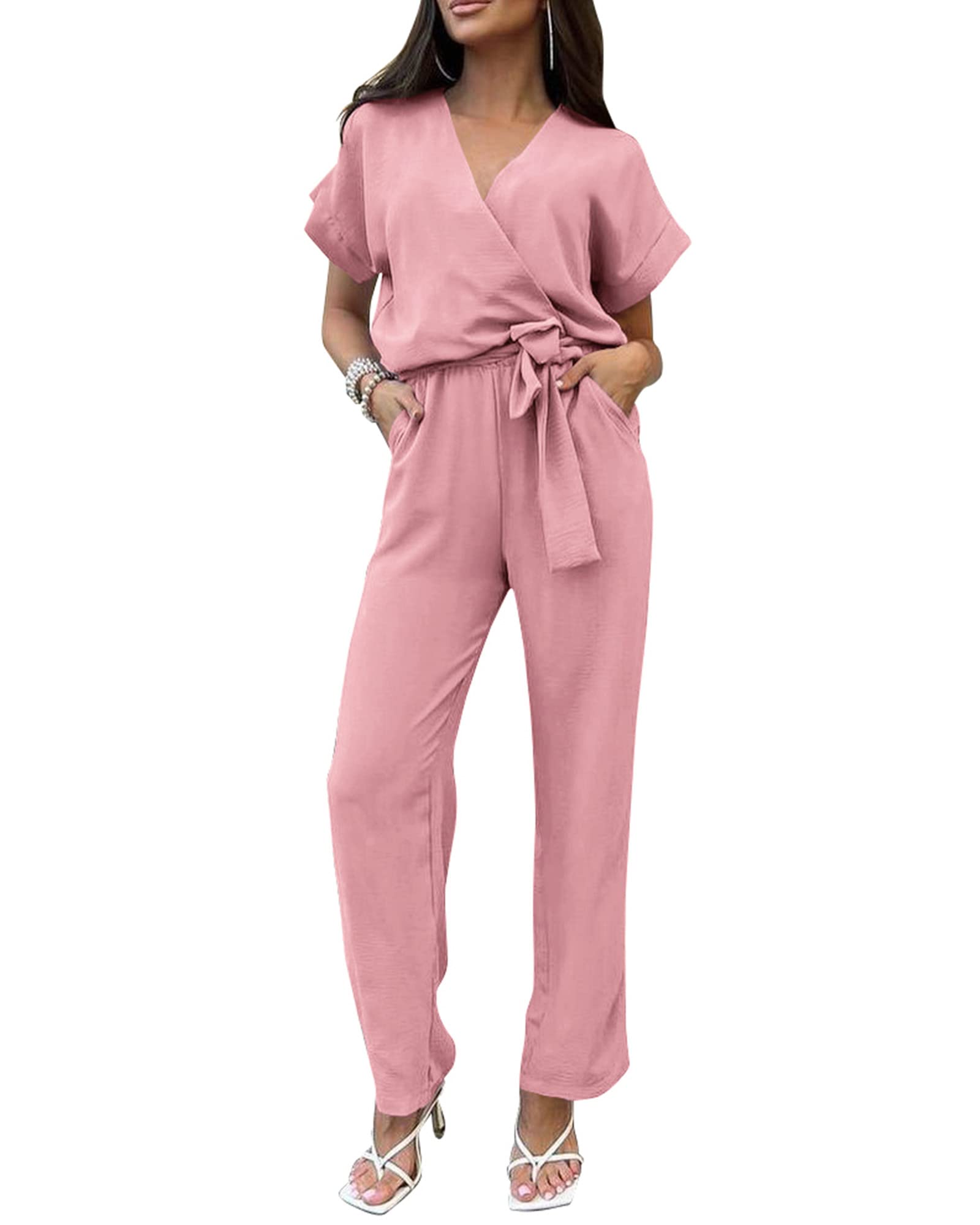Photo 1 of NOLLSOM Women Casual Summer Jumpsuit 2023 Short Sleeve Wrap V Neck Belted Wide Leg Pants Romper with Pockets One Piece Outfit Small Solid Pink