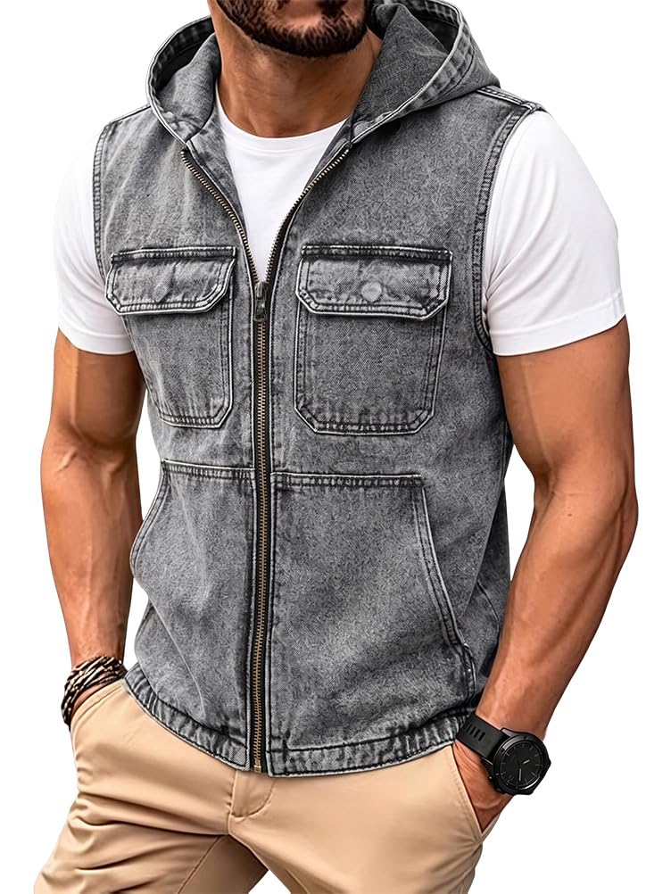 shownicer Gilet Jeans Uomo Moto Giubbotto Smanicato Cappuccio