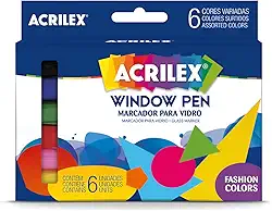 Kit Marcadores para Vidro Acrilex Window Pen 6 Cores – Canetas Para Vidro, Espelho, Janelas e Superfícies Lisas com Tinta à Base de Água Removível