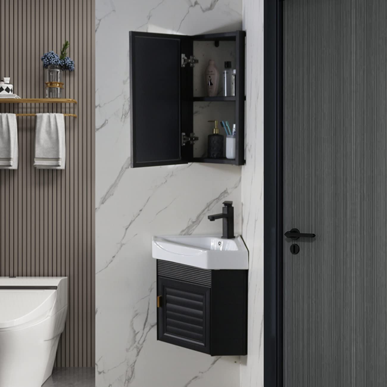 Armadietto angolare da bagno a specchio, triangolare, in alluminio, salvaspazio, da parete, armadietto per WC, soluzione di archiviazione compatta nera (dimensioni: 33 x 33 x 63 cm)