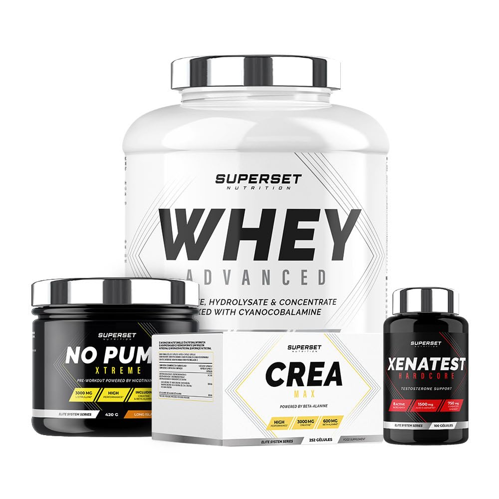 Superset Nutrition | Programme Prise De Muscle Sec Expert - 100% Whey Proteine Advanced 2kg Cookies - No Pump Xtreme Long Island Icetea - Créa Max - Xenatest Hardcore