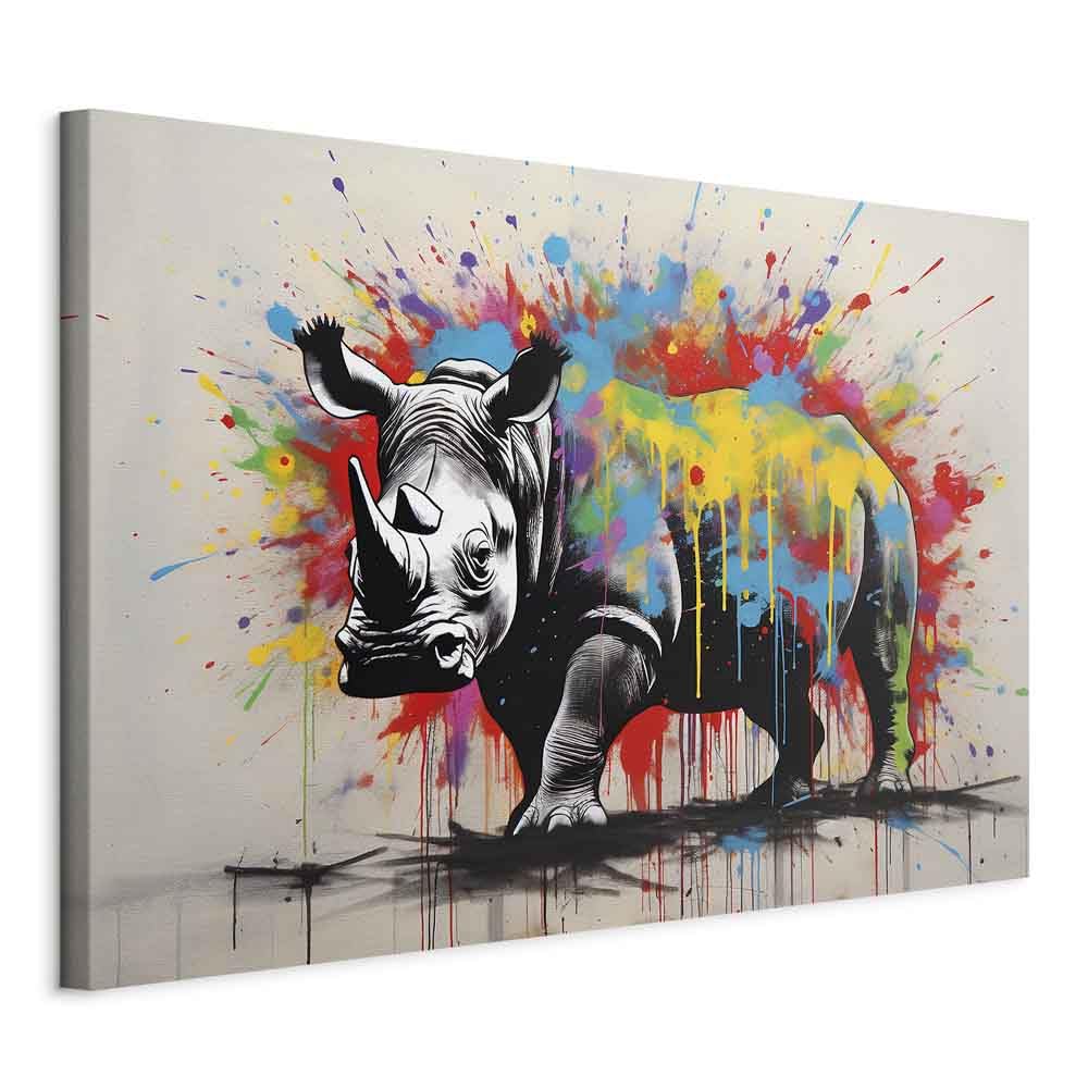 murando - Acoustic Canvas Wall Art Banksy 120x80 cm / 48"x32" - Non-woven Canvas Prints Image Framed Artwork Painting Picture Photo Home 1 pc - animal rhinoceros on colored background g-H-10080-b-a