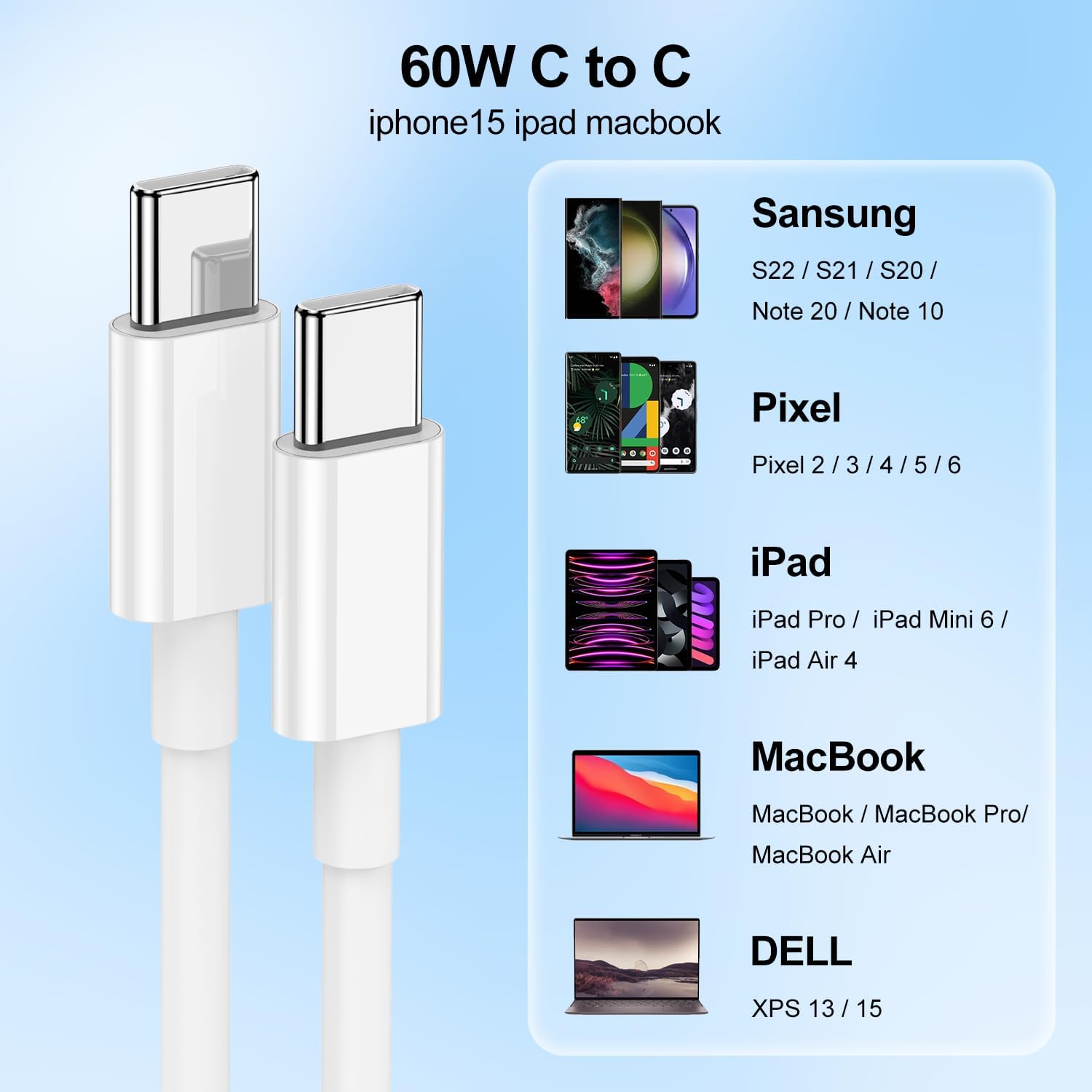 Cavo USB C A USB C 1m 100W Per Ricarica Rapida - Compatibile Con IPhone 16, 15, IPad Pro, MacBook - Trasferimento Dati 480Mbps - 6