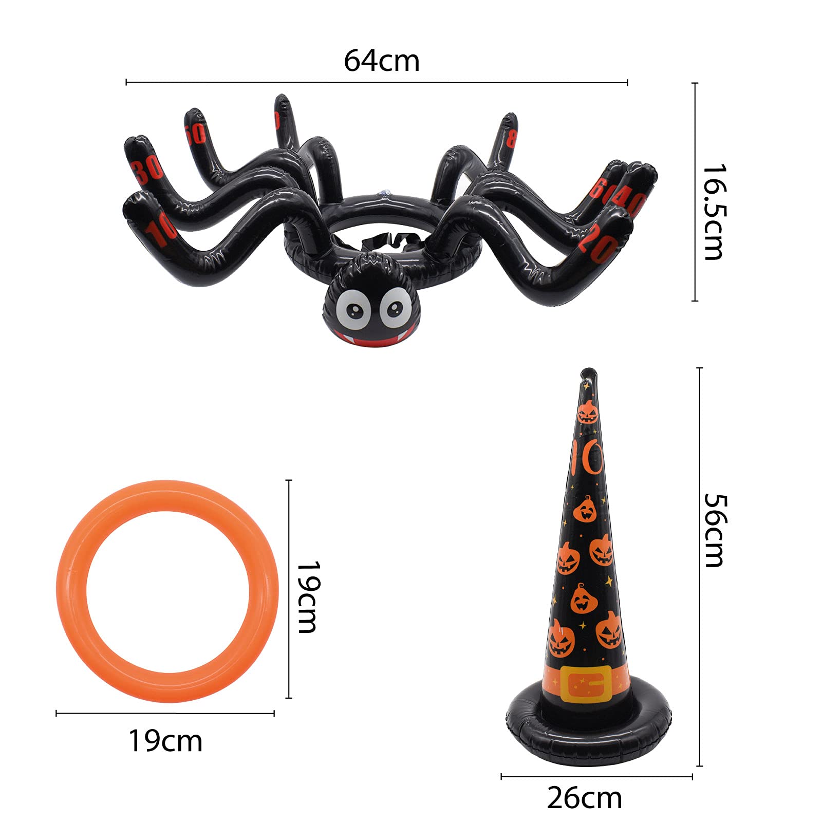 TRIXES Halloween Ensemble de Jeu de Lancer d'anneaux gonflables - Araignée Gonflable et Chapeau de sorcière - Pompe à air Incluse