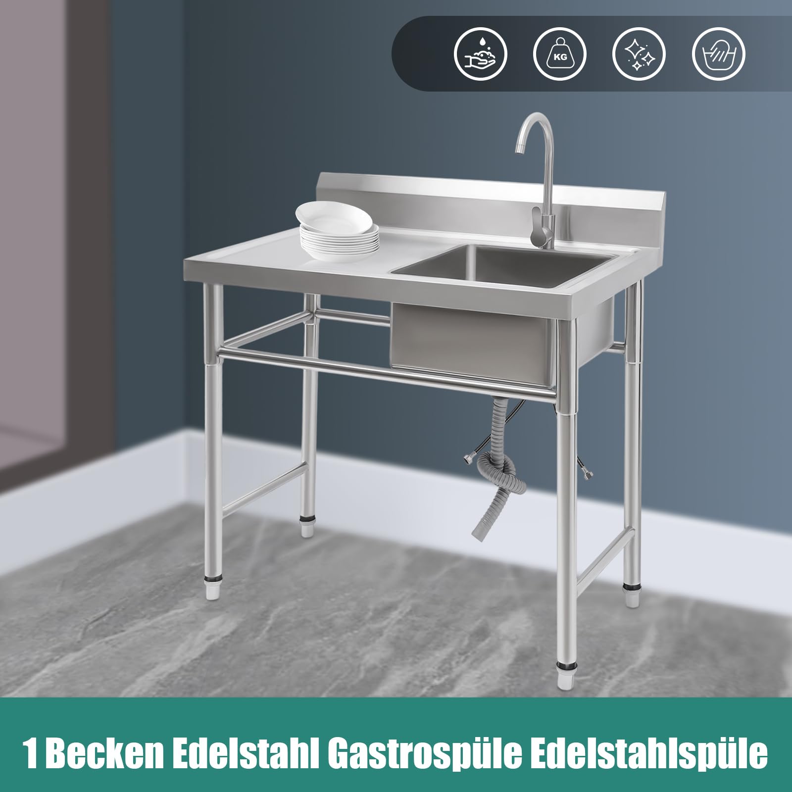 Küchenspüle Freistehende Edelstahl Spültisch 4 Wasserauslass-Modi Werkbank Spülbecken mit Arbeitsfläche für Restaurant, Garage oder Waschküche, 100x60cm (Rechts Spüle)
