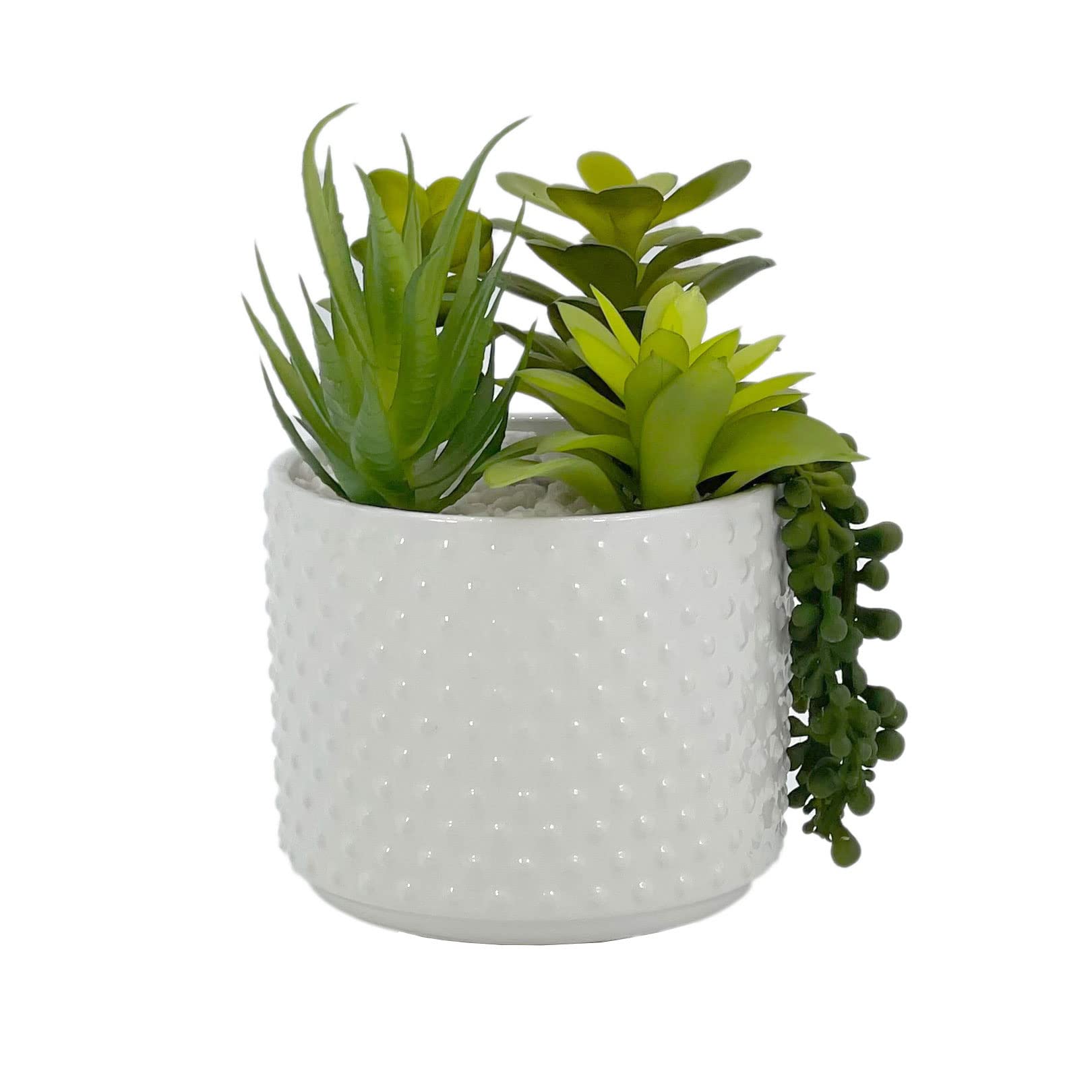 Galt International Faux Assorted Succulent Arrangement in White Dimpled Ceramic Porcelain Pot Planter 7.87