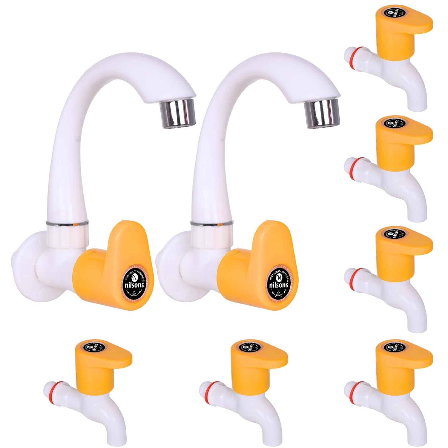 Nilsons Royal Yellow Combo Pack | 2 Pc Sink Tap + 6 Pc Bib Tap | Plastic Water Tap Set for Kitchen, Bathroom, Wash Basin | Wall Mounted | Leakproof | Rust-Free | Unbreakable Body | ½ Inch Fit-image-1