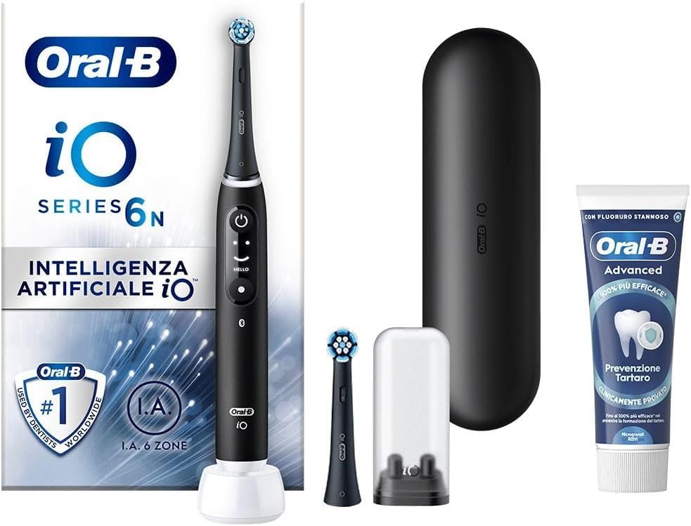Oral-B Brosse à dents électrique rechargeable iO 6N Noir, 1 brosse à dents électrique, 2 têtes de rechange, étui de voyage + 1 dentifrice Oral-B Advanced Prevention Tartare, Nettoyage des dents