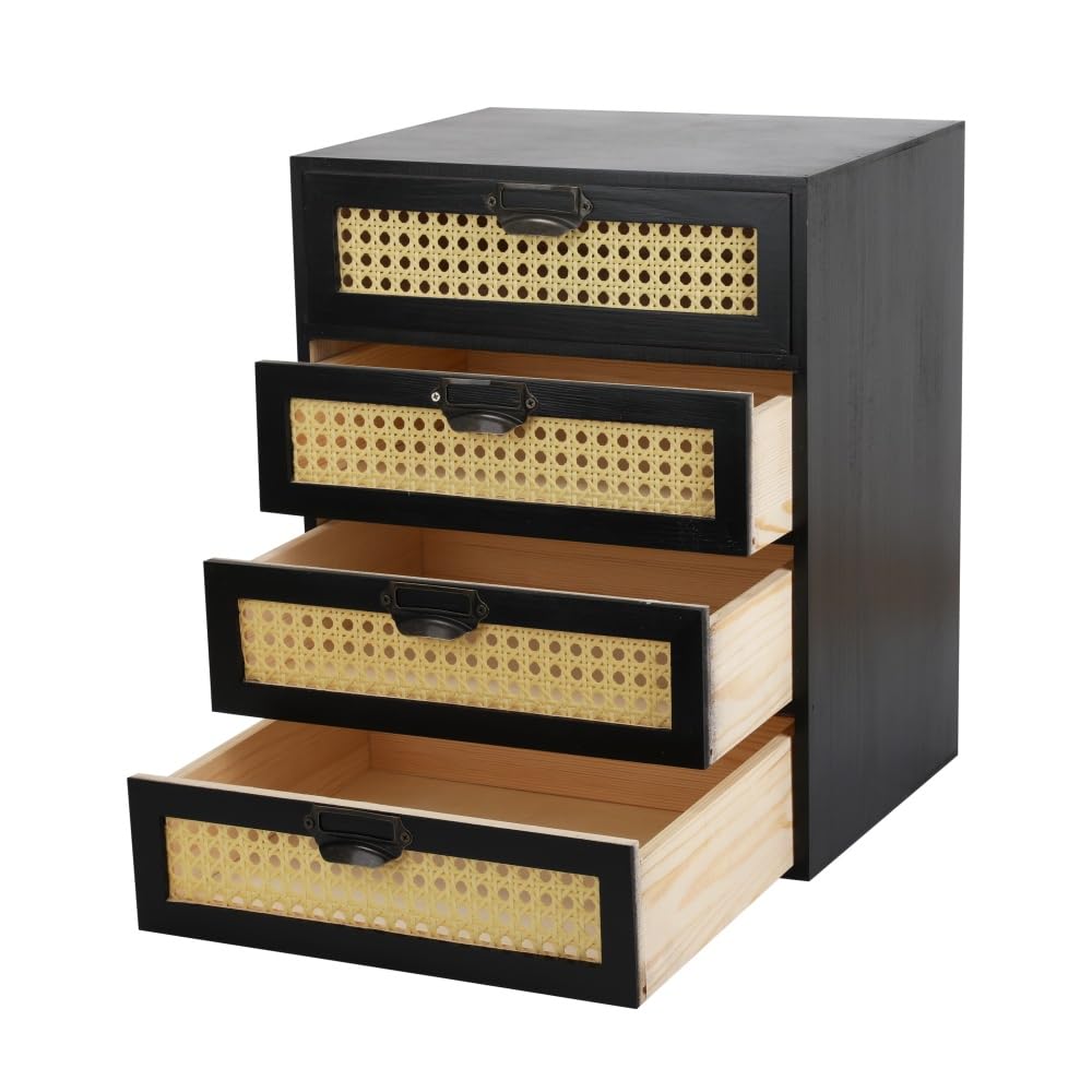 GoooodGIFT Large Wooden Drawer BoHo Desk Organizers Wooden Storage Dox with Drawers Rattan Paper Storage Drawer Wood File Organizer Library Card Catalog Cabinet Apothecary Cabinet (L-BLACK)