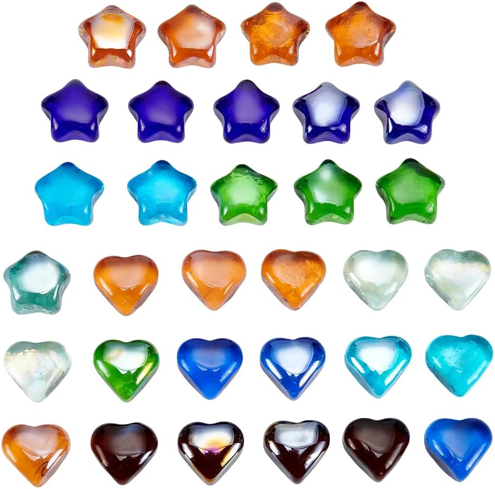PH PandaHall 30pcs Sea Glass Stones, Colorful Glass Heart Star Shape Pebbles Gemstones Vase Filler Stones for Aquarium Fish Tank Gravel DIY Resin Art Crafts Beach Home Decor, 17.63oz(500g)