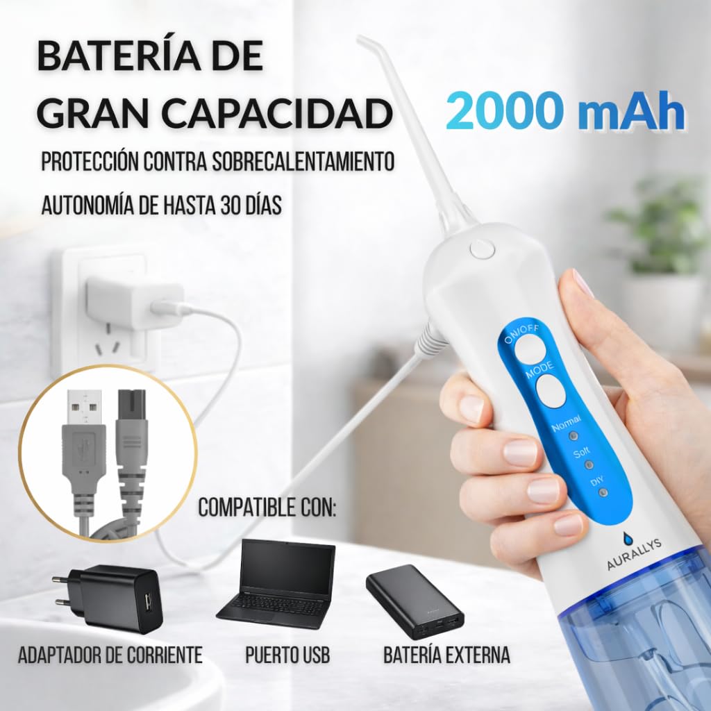Irrigador Bucal Inalámbrico Aurallys, IPX7 Impermeable, Incluye 7 Boquillas, Batería 2000mAh, Tanque 280ml, 3+DIY Modos, con Modo Personalizable (Azul y Blanco)