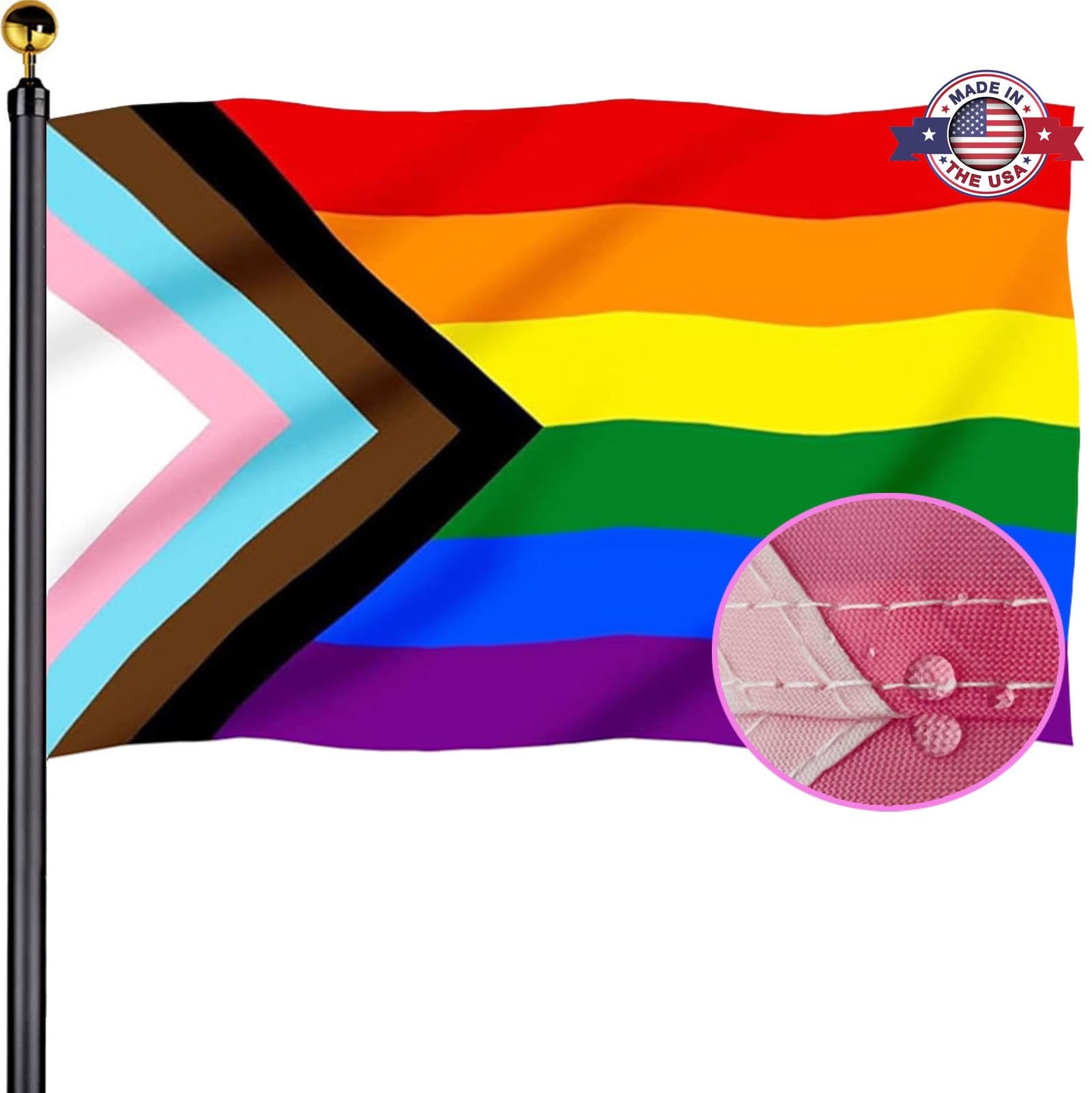 Progress Pride Flags 3x5 Outdoor Sewn Stripes Rainbow Flag Banner Heavy Duty Inclusive Progress Pride Rainbow Flags for Outside with 2 Brass Grommets UV protection Fade Resistant