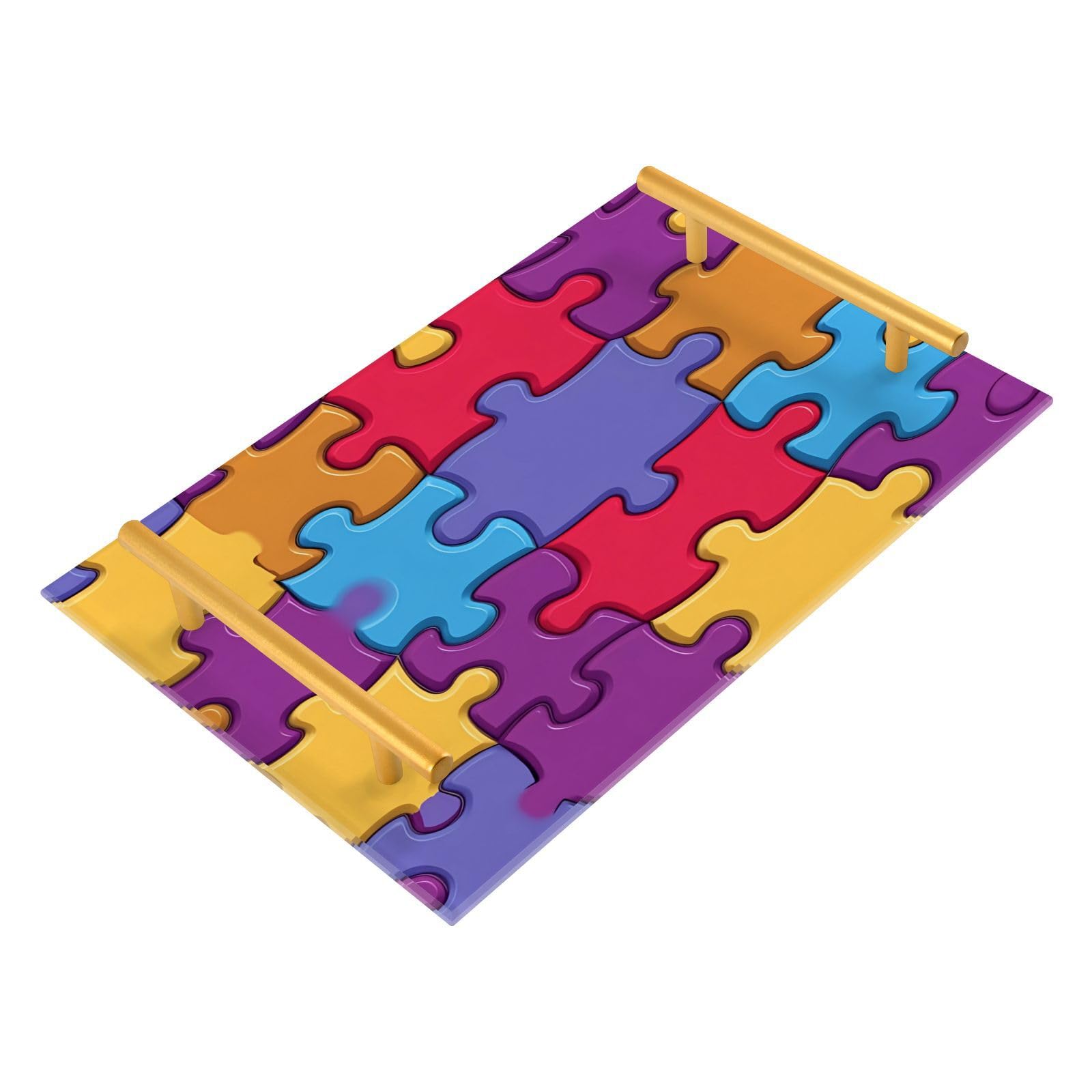 GUIJI Colorful Jigsaw Acrylic Tray, Perfume Cosmetic Jewelry Decorative Trays Bathtub Organizer, Living Room Kitchen Serving Tray with Gold Handles