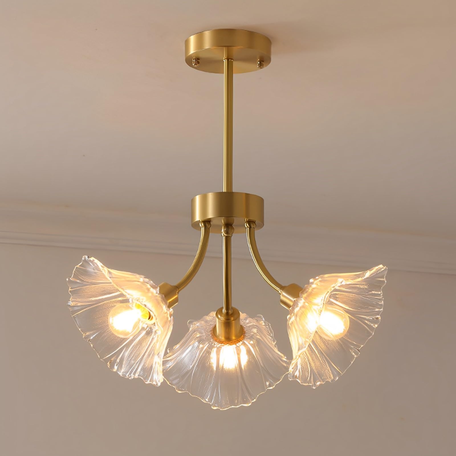 Pilanp Creative Gold Pendant Lamp Light Luxury Copper Chandeliers with Flower Glass Shade Pendant Lighting for Living Room Dining Room Bedroom Study Kitchen Ceiling Light Fixtures
