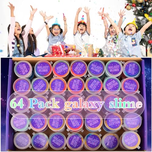 Image of 64 Pack Mini Bulk Galaxy Slime Kit Party Favors, Stretchy, Stress Relief, and Safe for Girls and Boys Classroom Reward, Easter Party Supplies,End of Year Student Gifts