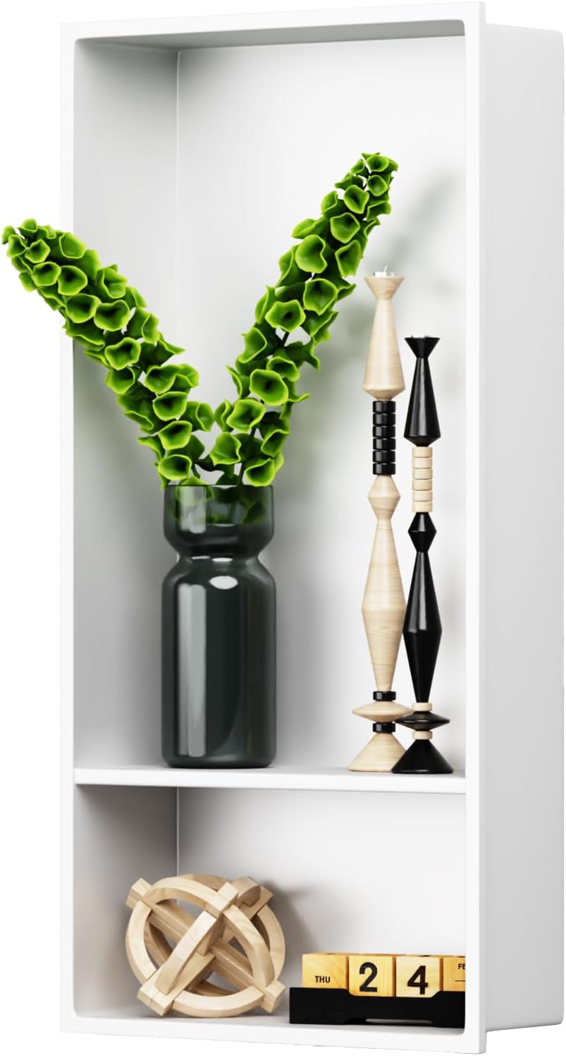 BWE 13" X 25" White Stainless Steel Shower Niche, No Tile Needed Wall Niche, Double Shelves Recessed Niche for Bathroom Storage,Over Mount Installation