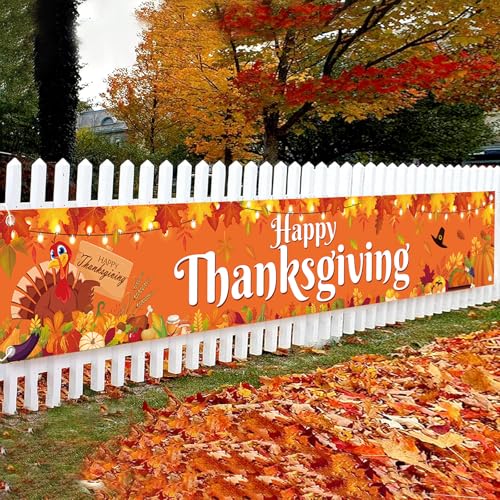 Large Happy Thanksgiving Banner | 120x20 Inch Turkey Maple Leaf Pumpkin Yard Banner | Indoor Outdoor Home House Party Supplies Yard Sign Background Photography