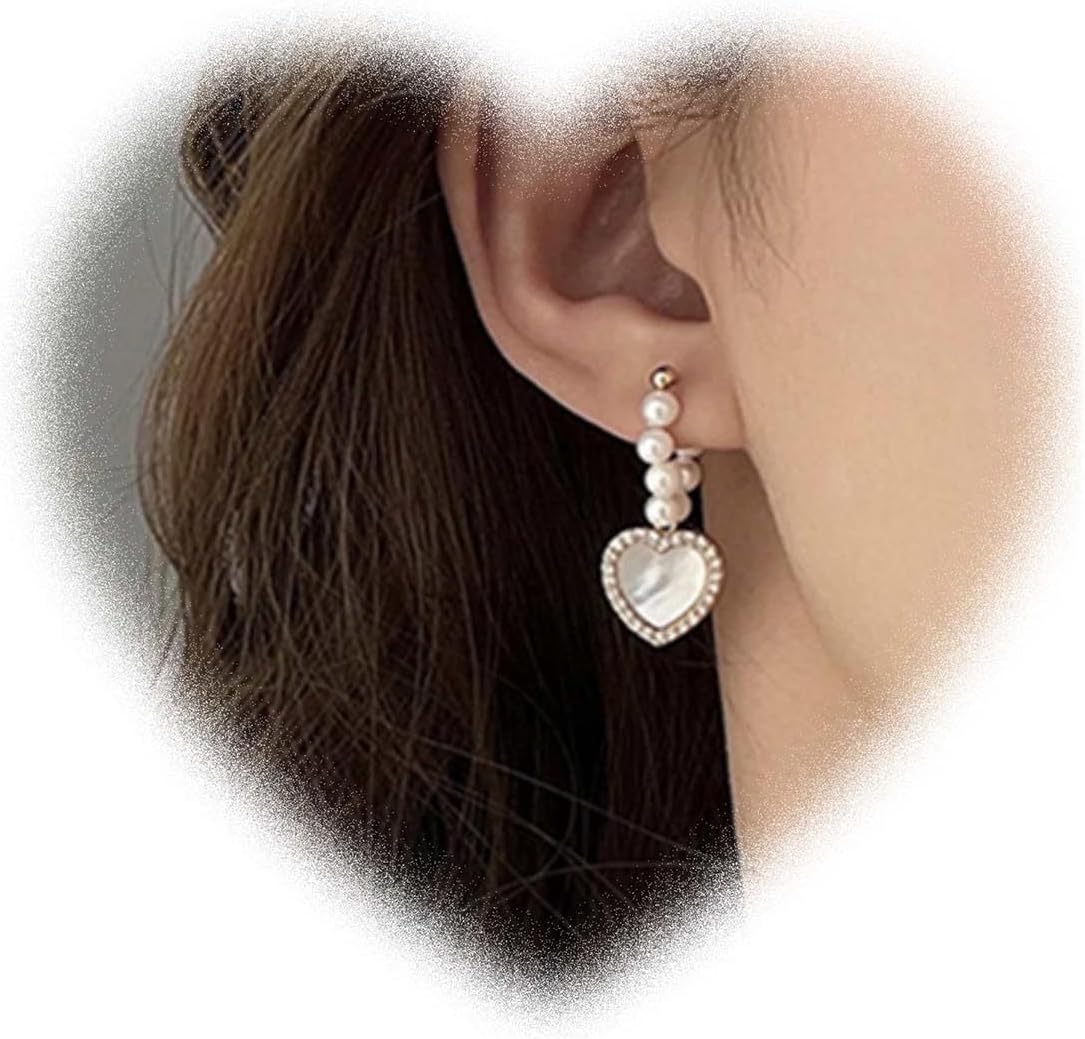 W WEILIRIAN Boho Crystal Heart Drop Earrings Love Heart Dangle Earrings Pearl Bead Earrings Wedding bridal Earrings Jewelry for Women