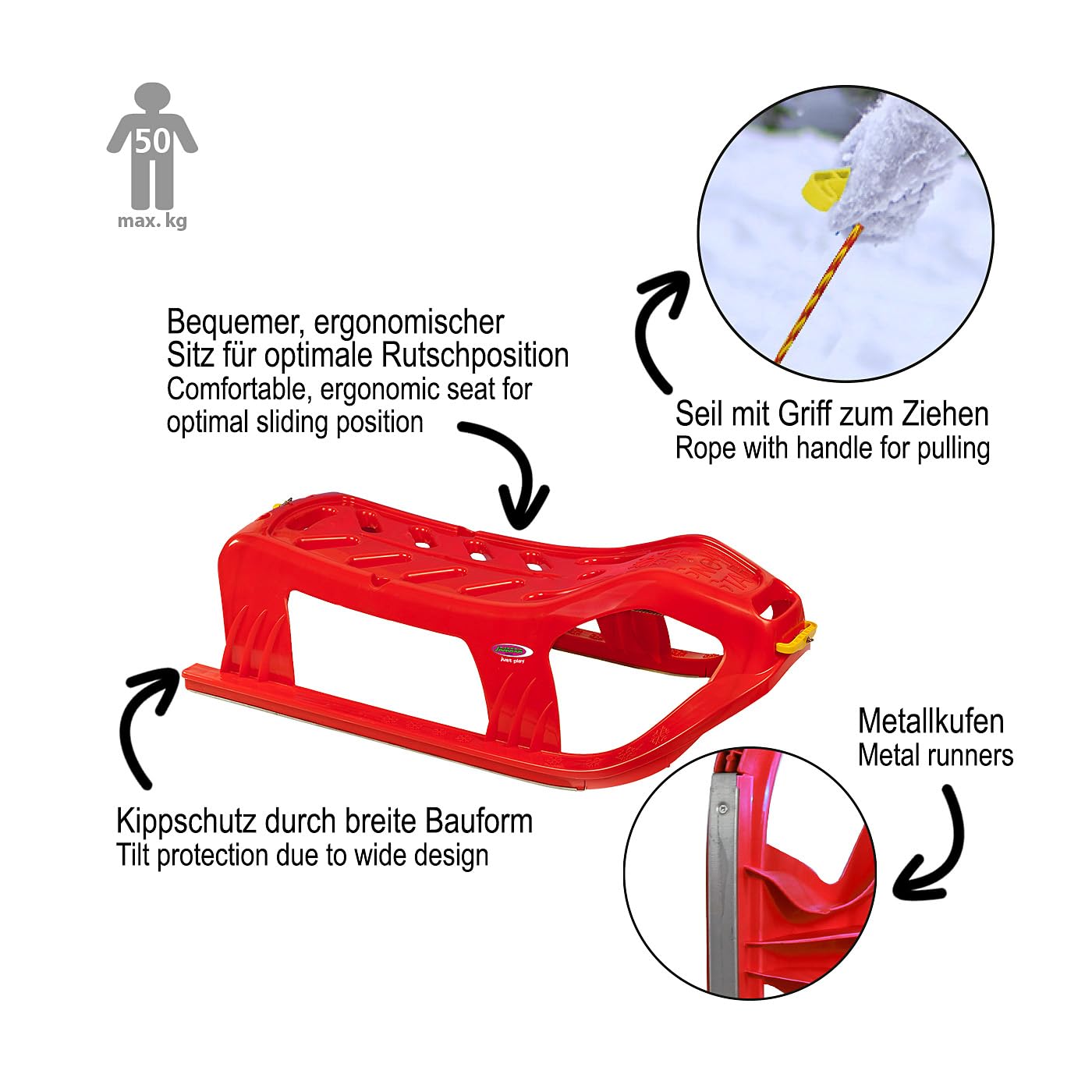 JAMARA Luge 461120 Play Snow-Star - Patins en métal - Corde avec poignée - en Plastique résistant aux Chocs - Rouge