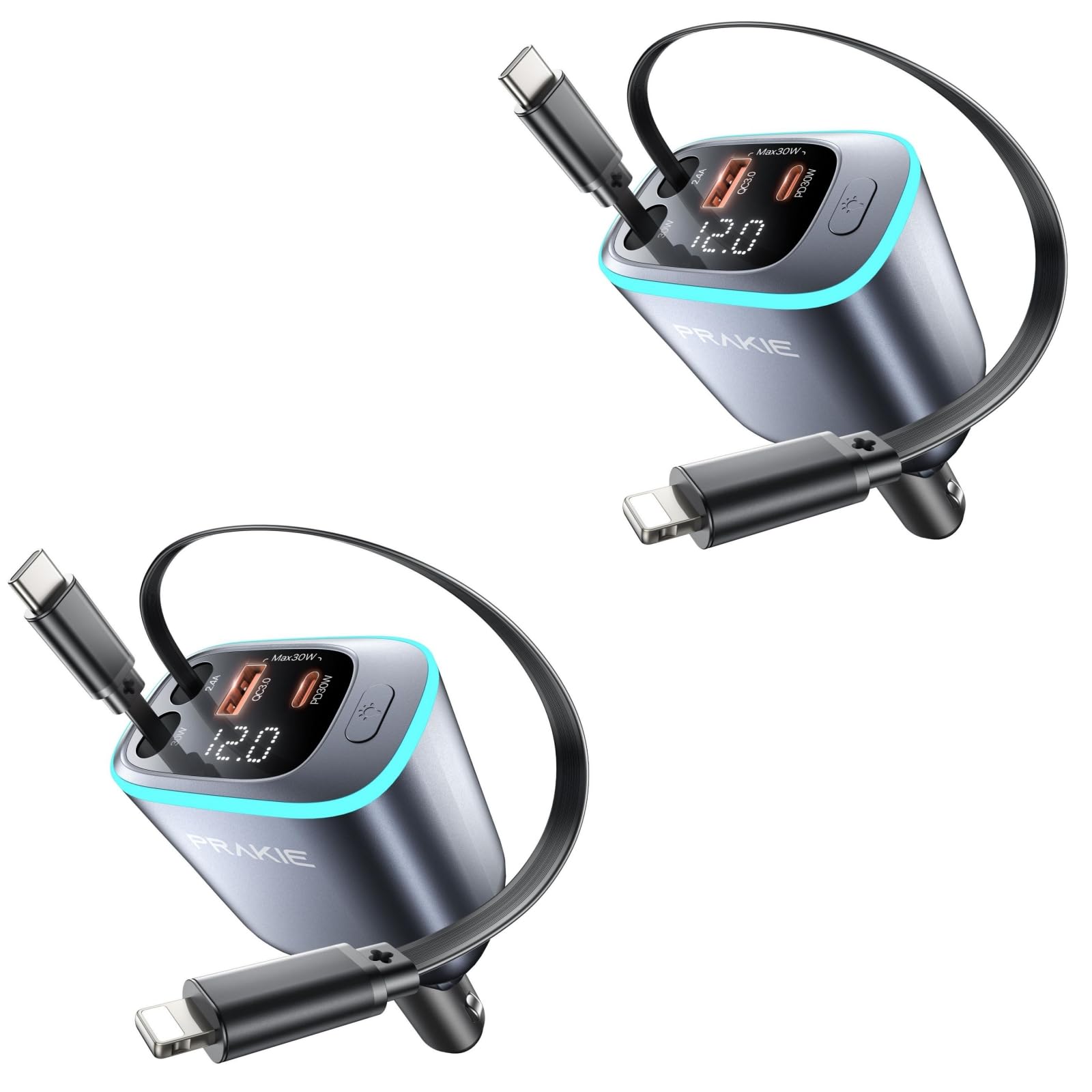 Cargador de coche 4 en 1, cargador retráctil para iPhone, cargador de teléfono USB C, encendedor de cigarrillos con 2 cables de 30 pulgadas y 2 puertos USB, carga USB multipuerto para iPhone 16/15/14