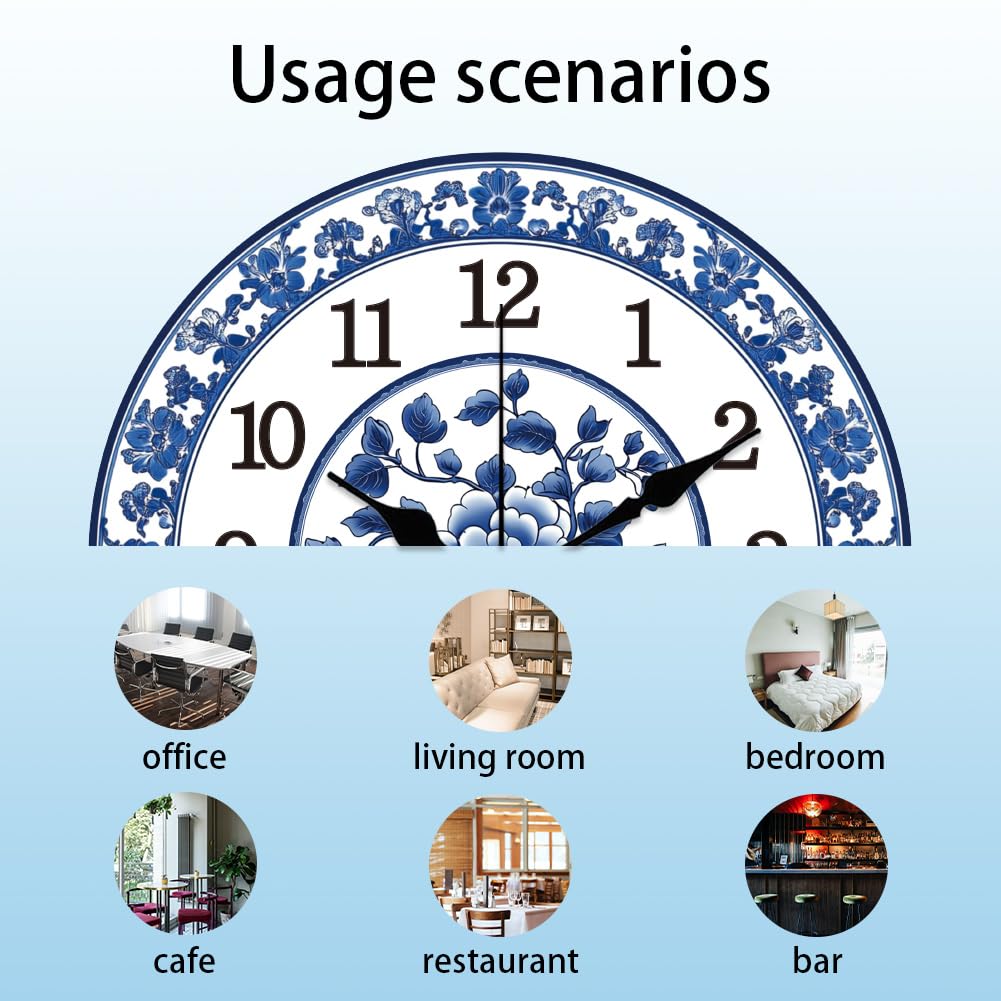 CHGCRAFT Orologio da parete in porcellana blu e bianco, 30,5 cm, funzionamento a batteria, silenzioso, senza ticchettio, con fiori, rotondo, decorativo, per ufficio, casa, cucina