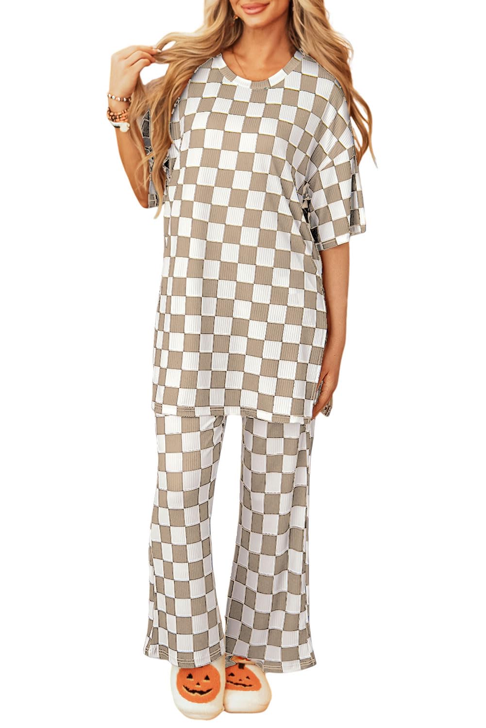 Women 2 Piece Outfits Ribbed Casual Checkered Boxy Sleeve Top and Wide Leg Pants Matching Lounge Set