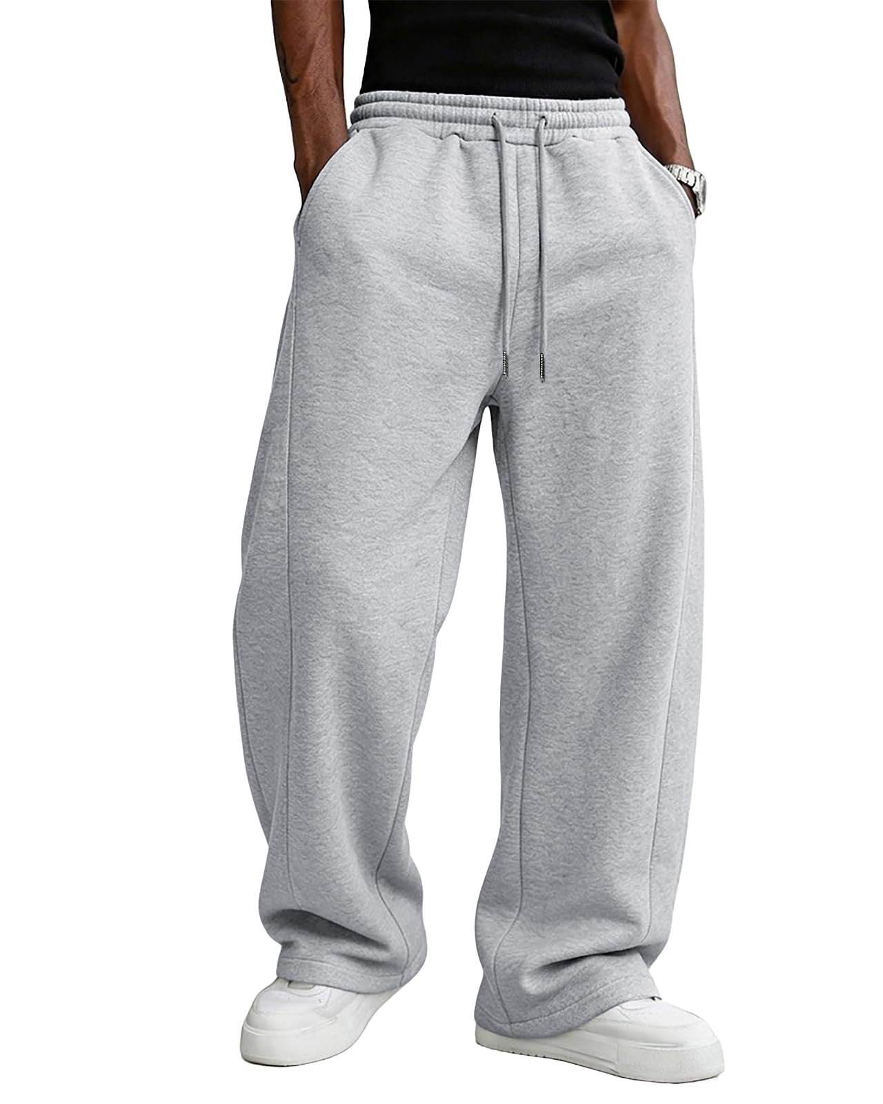 Mens Baggy Sweatpants Fleece Wide Leg Lounge Pants Drawstring Waist Loose Fit Cotton Jogging Sweat Pants with Pockets
