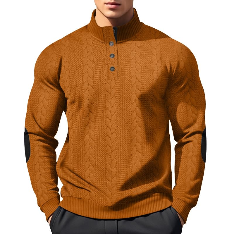 Mens Quarter Button Pullover Quilted Sweatshirt Knit Long Sleeve Mock Neck Sweater Polo2