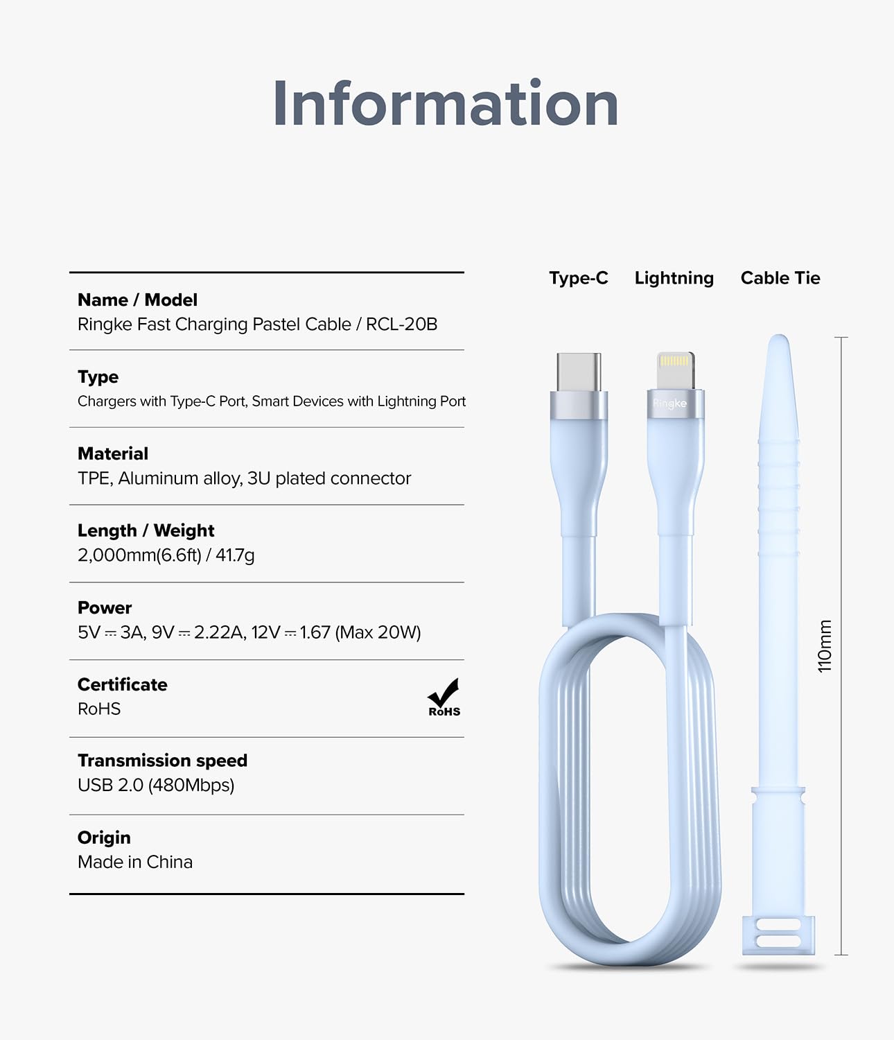 Ringke USB C to Lightning Pastel Cable (6.6 FT), USB Type C to Lightning Fast Charging Charger Cord Car Carplay Cable Compatible with iPhone, iPad, and AirPods - Blue