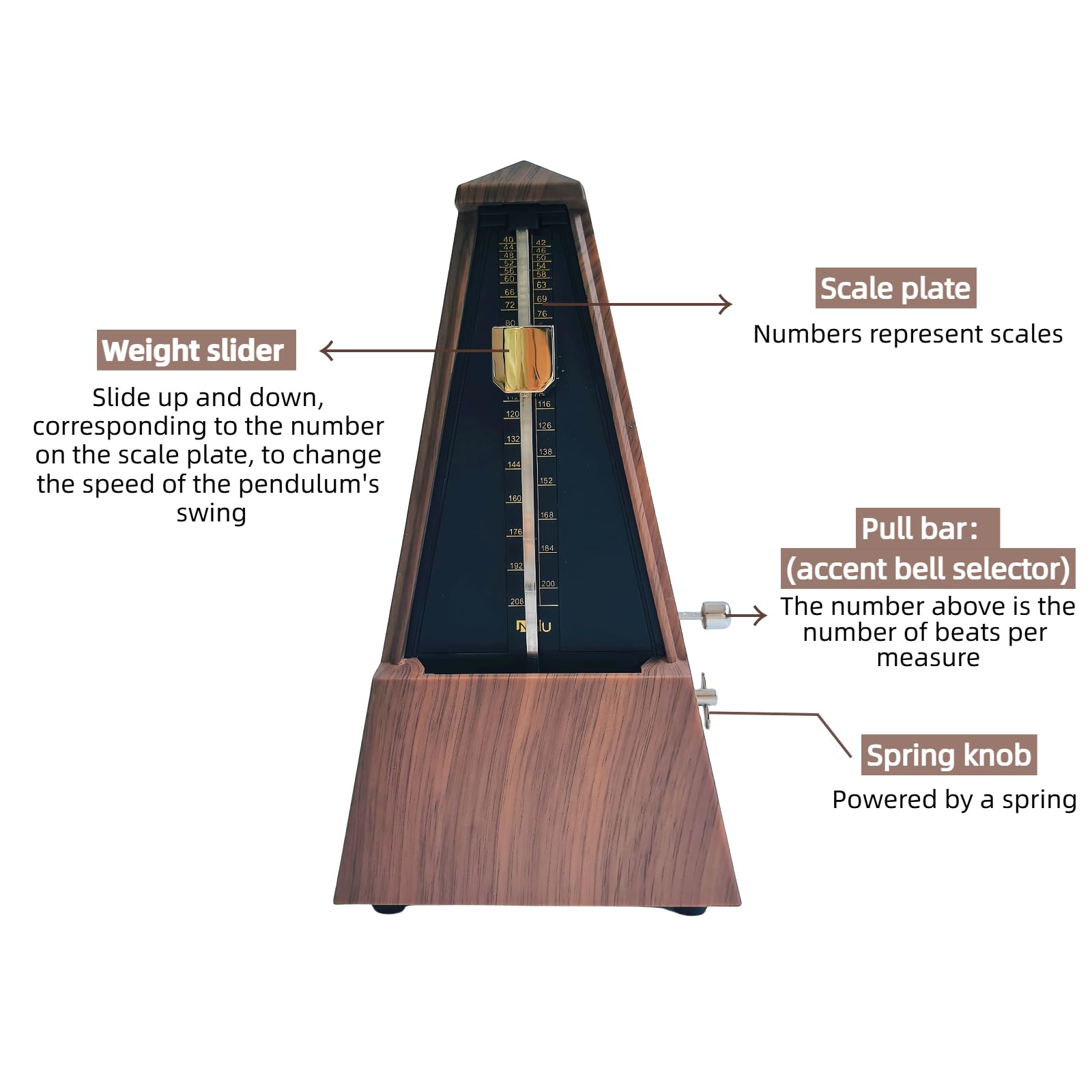 NALU Metronom - klasyczna mechaniczna nakręcana konstrukcja z dzwonkiem na fortepian, gitarę, skrzypce i wszystkie instrumenty (T-Wood Grain Brown)