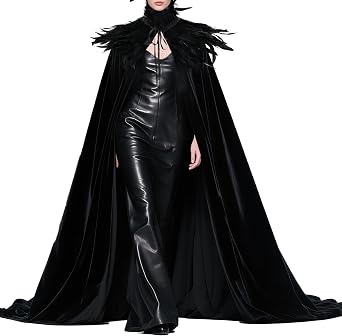 Womens Gothic Evil Queen Costume Demon Horns Black Feather Collar Cloak Set for Halloween Cosplay Party