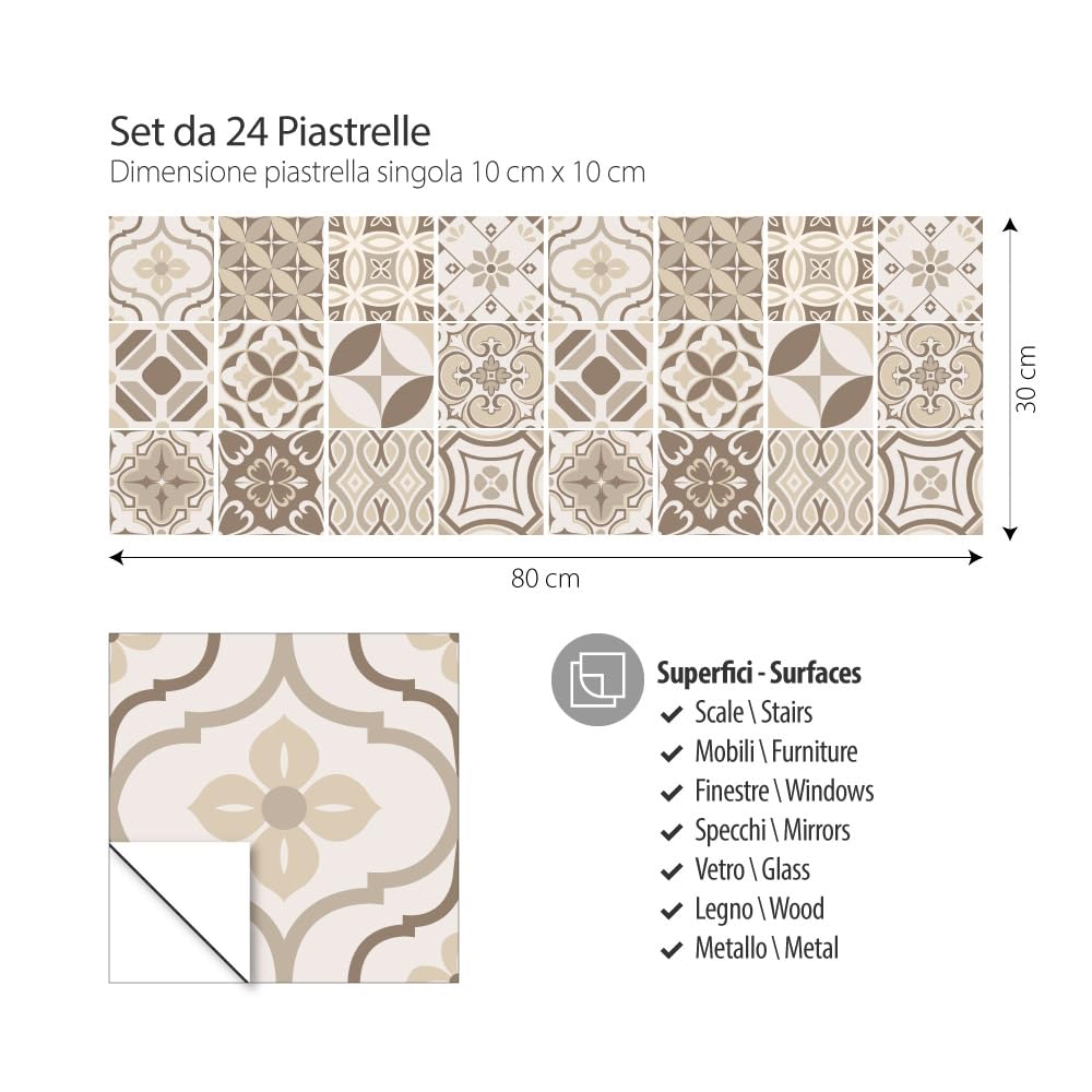 RE-COVERTILES - Adesivi per Piastrelle Bagno e Cucina 24 Pz 10x10 cm - PS00139 Decorazione murale in PVC Impermeabile mattonelle Mosaico Stile cementine Azulejos