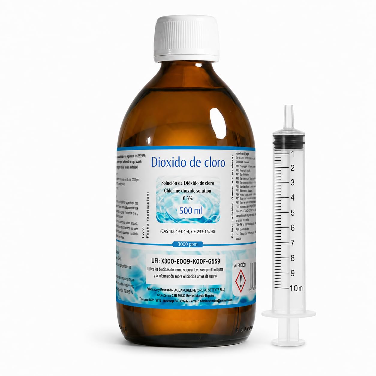 Dioxido de Cloro 3000ppm - CDS 0,3% - Envasado en Botella Cristal Ambar - Fabricado en España (500ml)