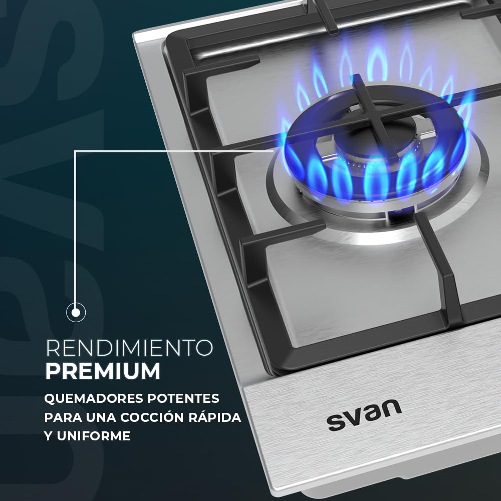 Svan Encimera de Gas Inox SGW3600X. Potencia máx. 6750 kW, 3 Quemadores, Quemador Wok Triple Llama, con Ignición Automática, Parrillas Forjadas, Incluye Kit de Conversión Gas Natural