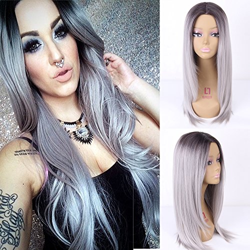 Royalvirgin - Peluca sintética de pelo largo y liso, color negro y gris, sin pegamento, resistente al calor, textura sedosa