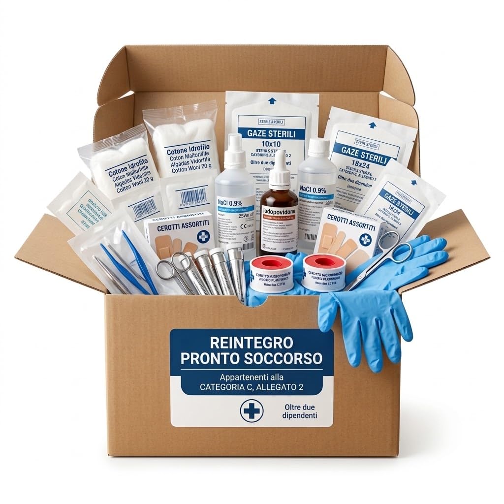 Lemag Pacco Reintegro per Cassetta Primo Soccorso Allegato 2 Gruppo C — Kit Ricarica Medicazione Conforme D.Lgs. 81/2008 e D.M. 388/2003, Aziende fino a 2 Lavoratori e Lavoratori Fuori Sede e Ufficio