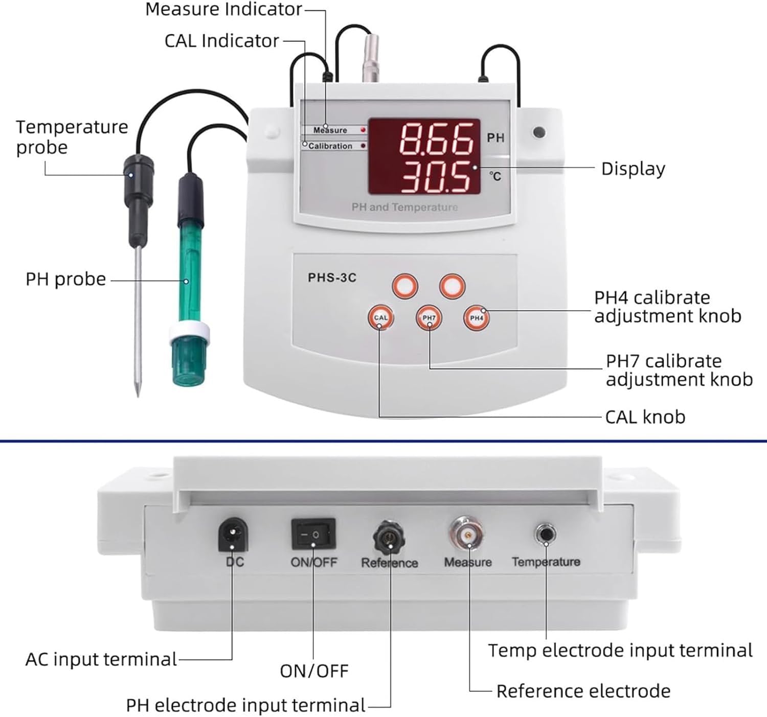Stołowy miernik PH, laboratoryjny cyfrowy tester PH i temperatury z wyświetlaczem LED, wysoka dokładność 0,01 pH, 0-14pH/0-100℃, 2-punktowa automatyczna kalibracja