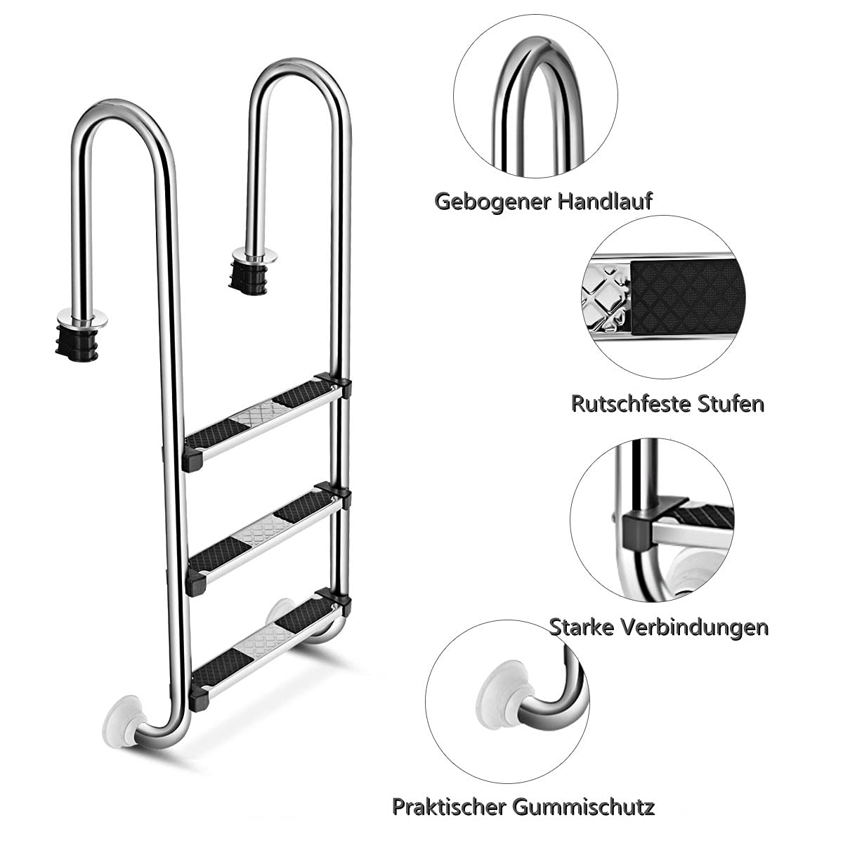 GYMAX Poolleiter 3 Stufen Schwimmbadleiter Edelstahl Einstiegsleiter mit Antirutschpads Einbauleiter Tiefbeckenleiter Sicherheitsleiter 55 x 25 x 132,5 cm