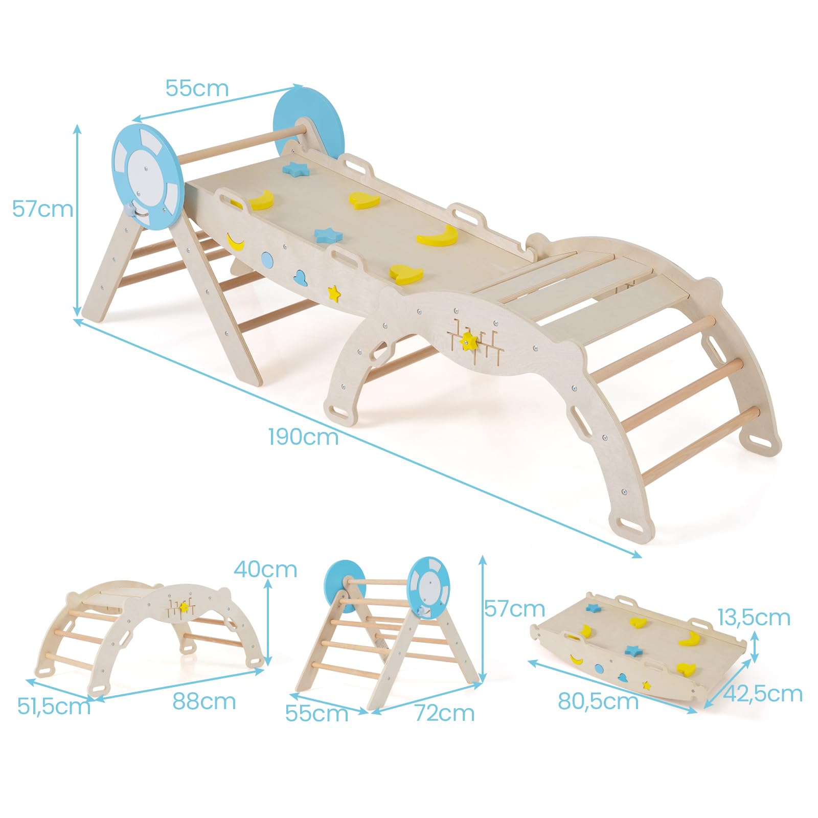 RELAX4LIFE Juego de Triángulo para Niños, Juguetes de Escalada Plegables 8 en 1, Parque Infantil Montessori de Madera con Arco, Rampa y Escalera, Gimnasio de Interior para Niños (Natural)