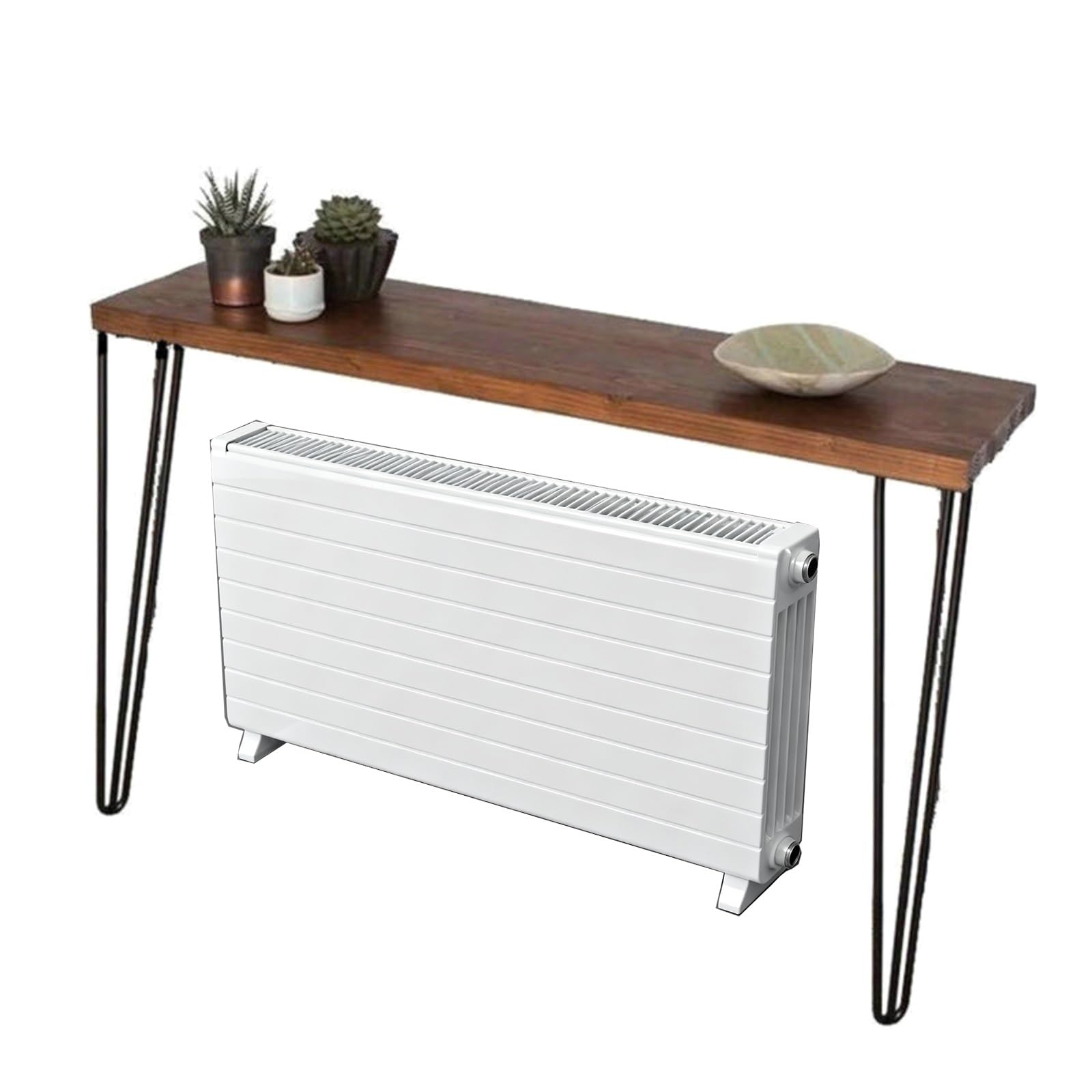 Mesa consola con cubierta de radiador de madera con patas de horquilla, diseño estrecho para entrada o sofá, ideal para espacios pequeños